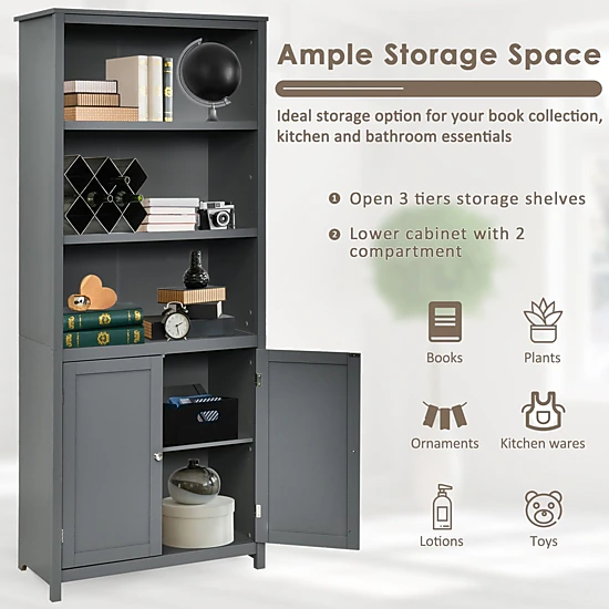 SlickBlue Unisex Gray 3-Tier Storage Shelf with Cabinet Bookcase