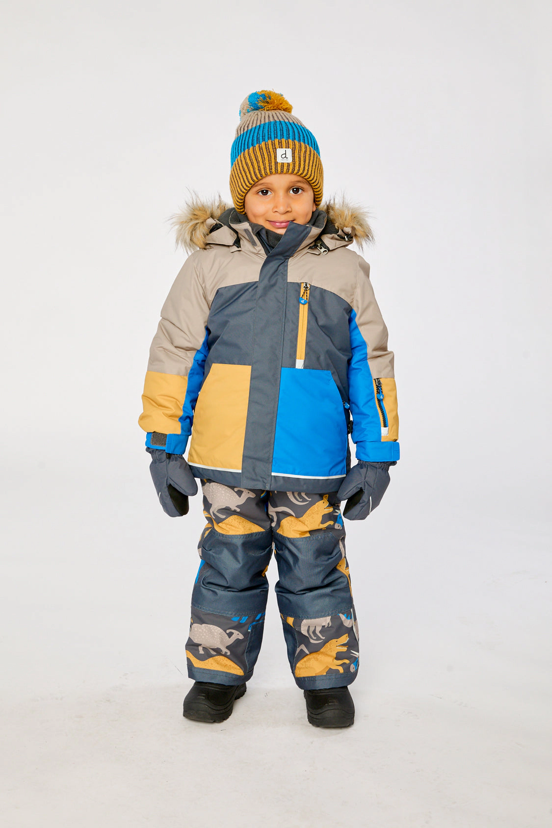 Deux par Boys Colorblock Two Piece Play Snowsuit with Hooded Jacket and Dinosaur Print Snow Pants
