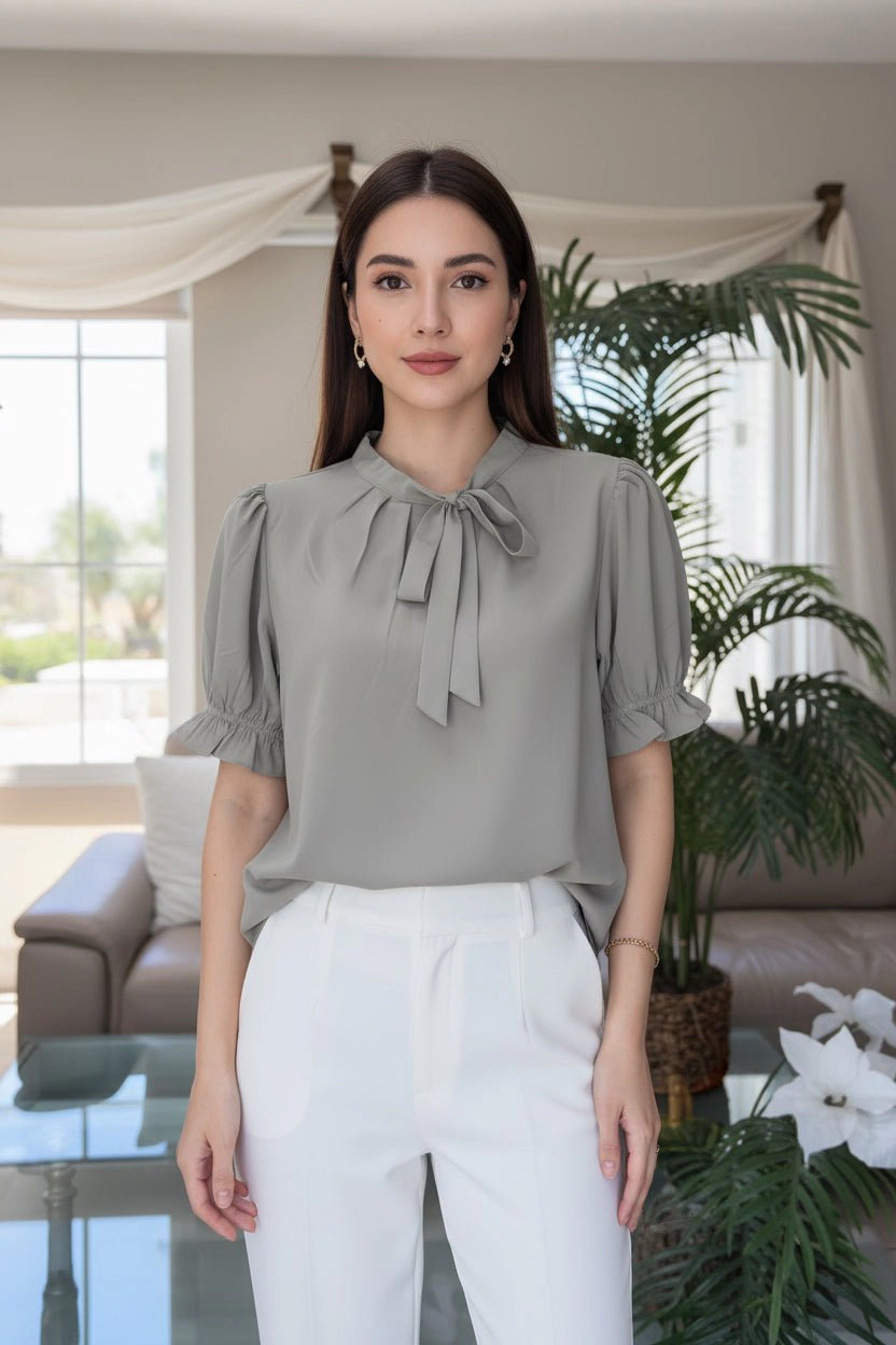 DressAtR Women's Cross Bow Tie Pleated Front Elbow Sleeve Pullover Blouse