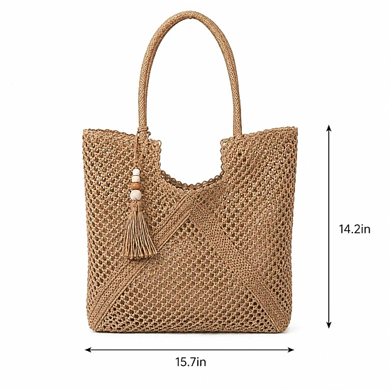 Alilang Women's Open Weave Beach Tote Bag with Zip Closure Rope Handles and Tassel Accent, Beige