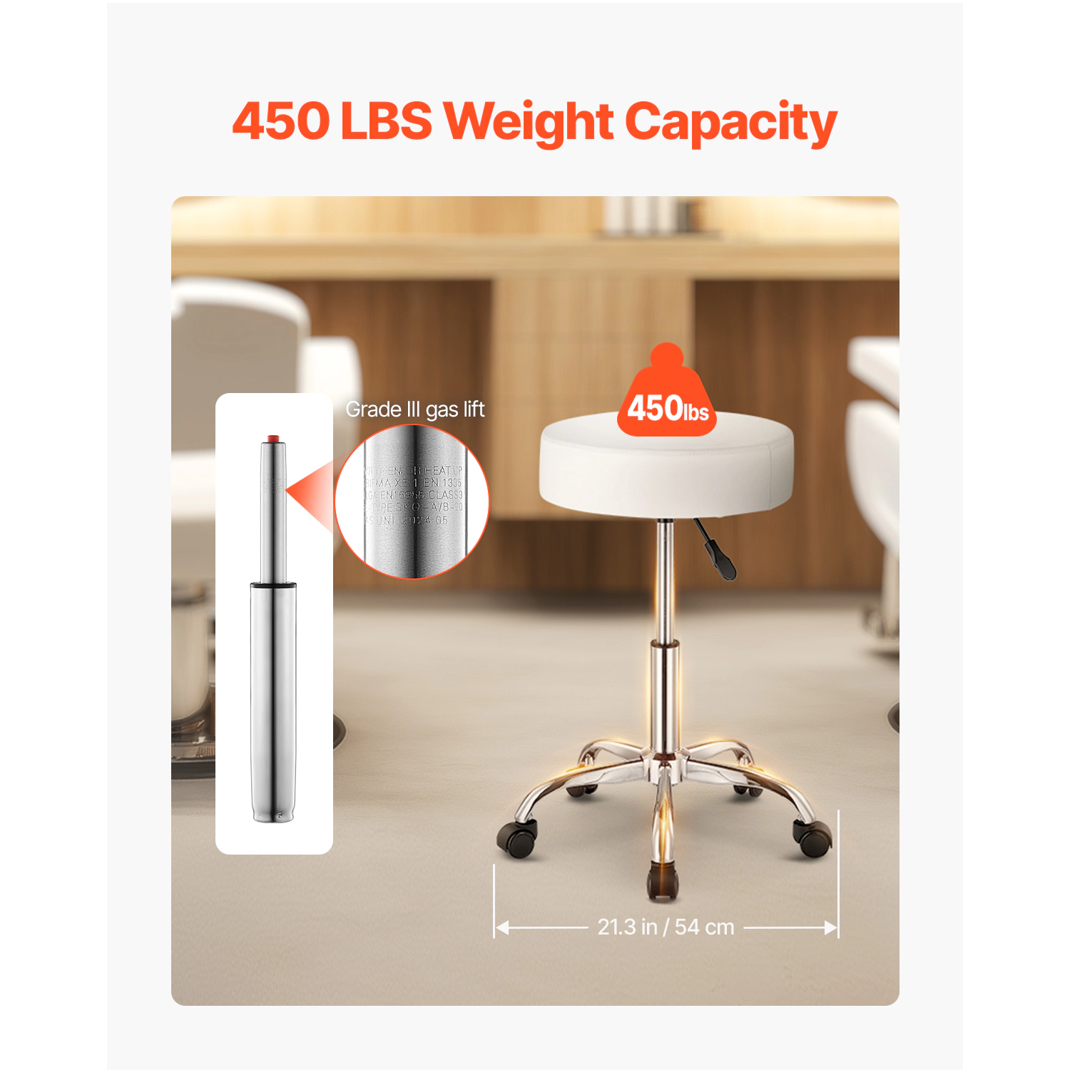 HONGGE Rolling Stool with Wheels 450 LBS Weight Capacity Round Rolling Stool Chair Height Adjustable Thickened PU
