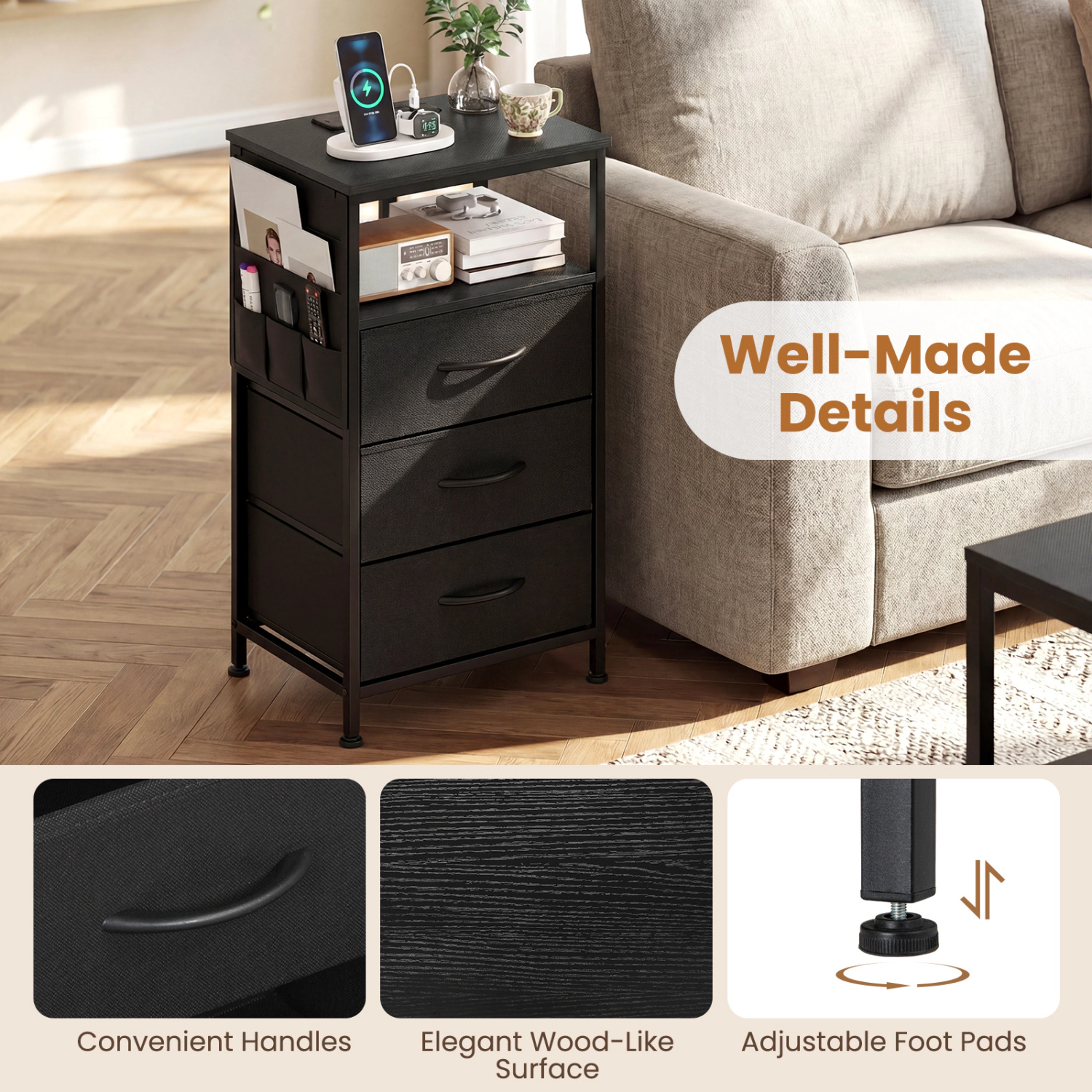 Hivvago Nightstand With Charging Station Modern Bedside Table 3 Fabric Drawers