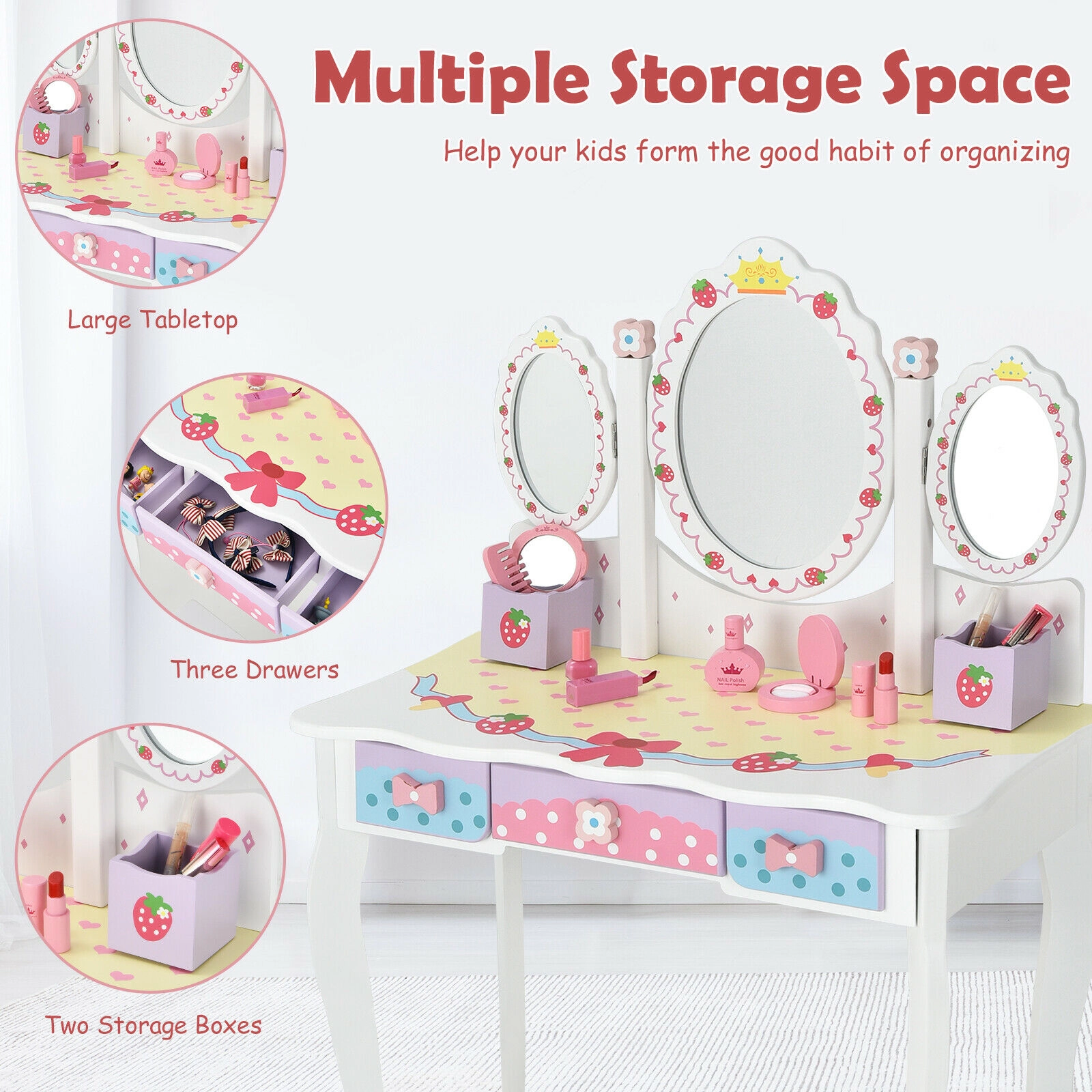 SUGIFT Kids Vanity Table and Chair Set, Tri-Fold Mirror, 3 Drawers, Detachable Top