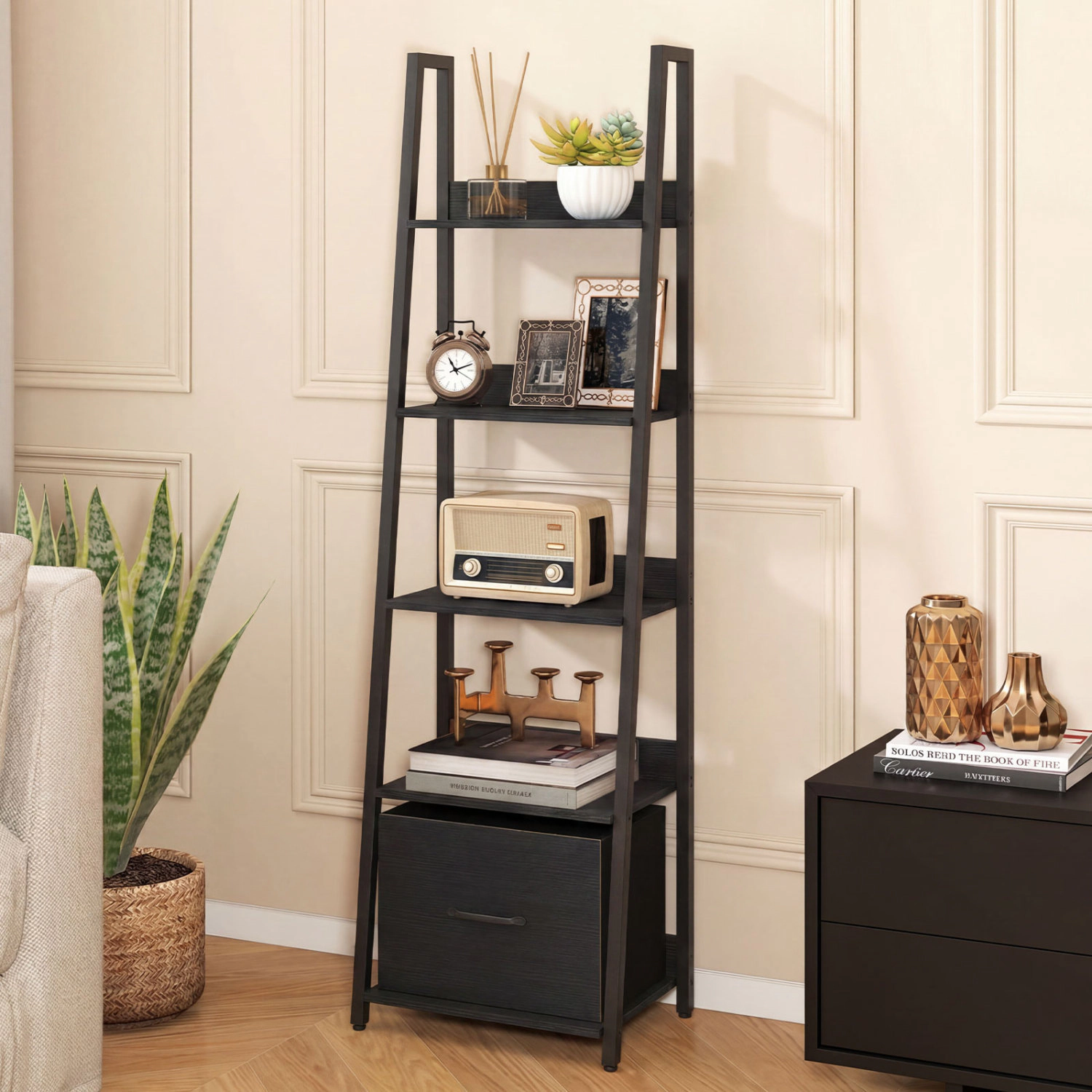 LJG 5-Tier Ladder Bookshelf with Fabric Drawer for Living Room and Home Office