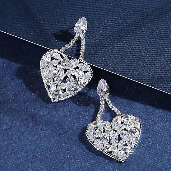 Women's Silver-Plated Heart Drop Earrings with Artificial Stone Accents