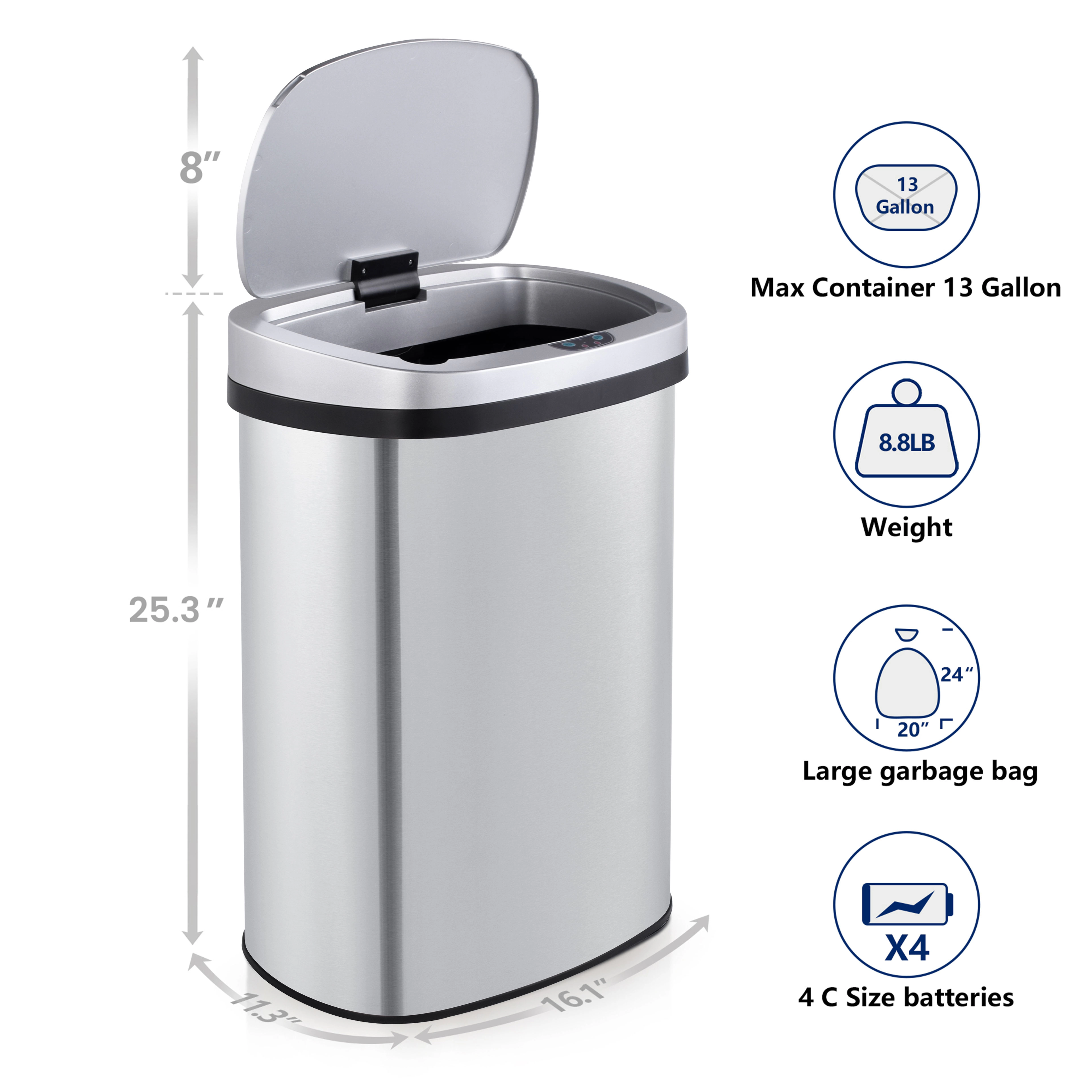 Innovaze 13 Gal./50 Liter Stainless Steel Oval Motion Sensor Trash Can for Kitchen