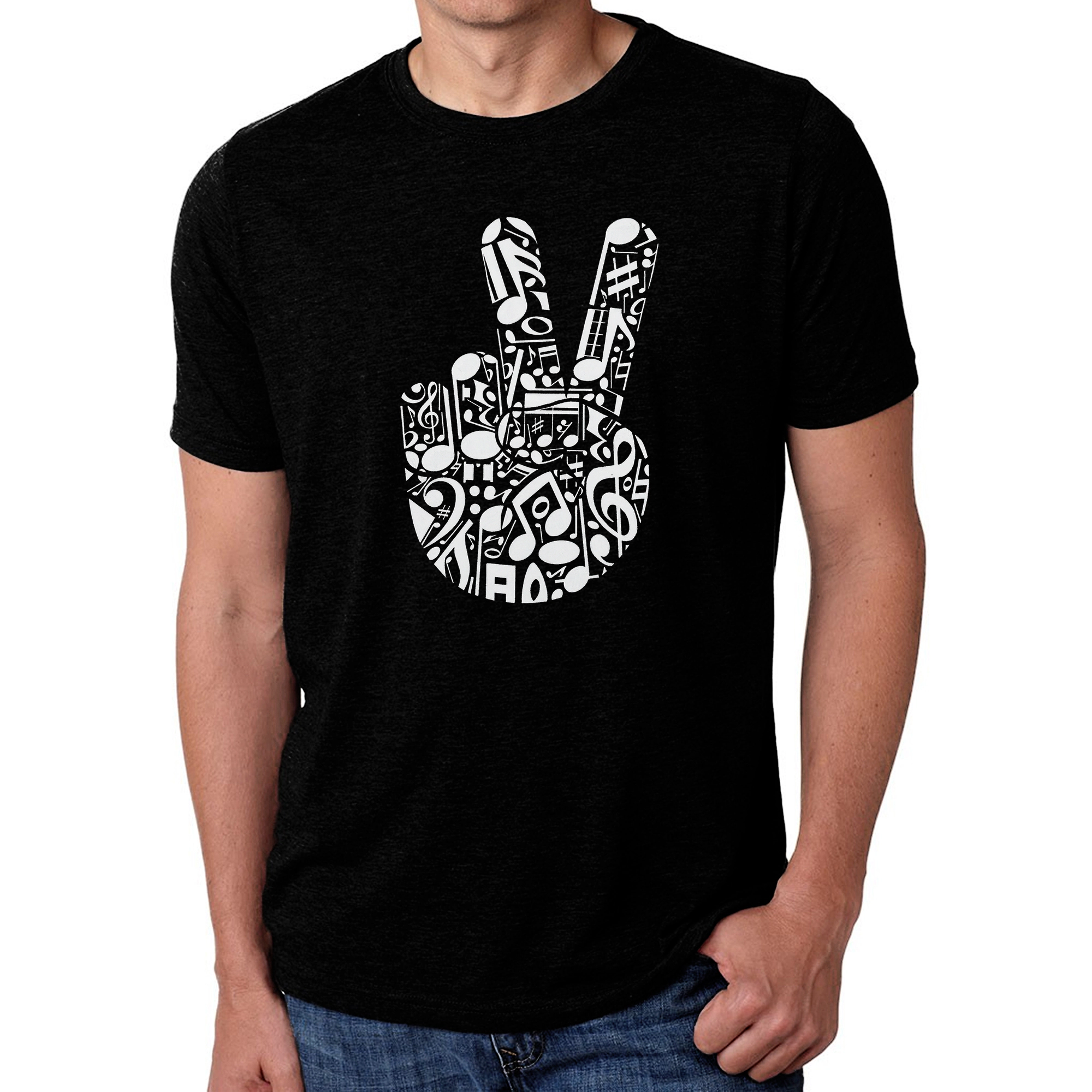 LA Pop Art Men's Cotton/Poly Blend T-Shirt - Peace Hand Made of Music Notes