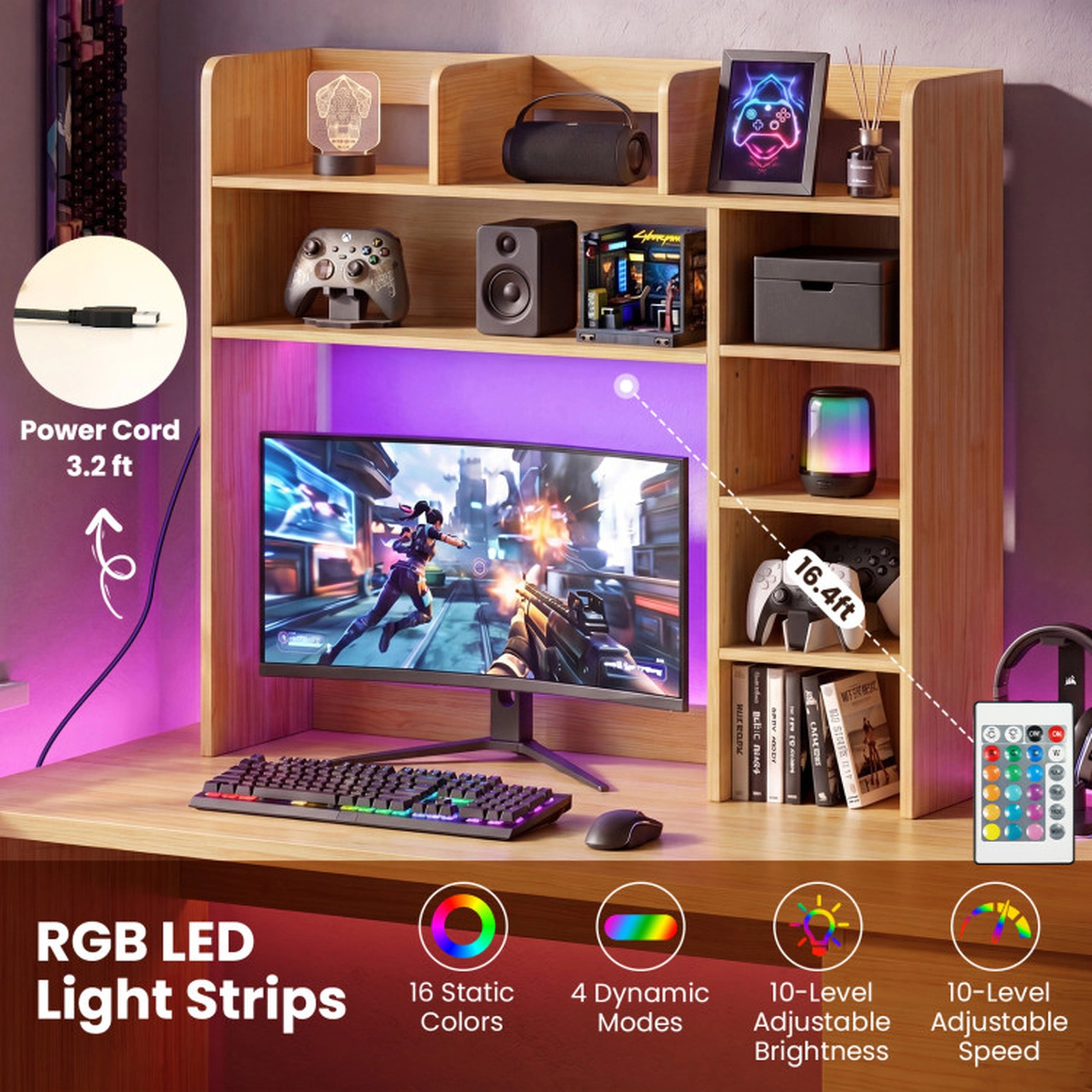 SUGIFT RGB LED Desktop Bookshelf Desk Hutch Storage Organizer with Adjustable Shelves 100-lb Top Shelf Capacity Beige