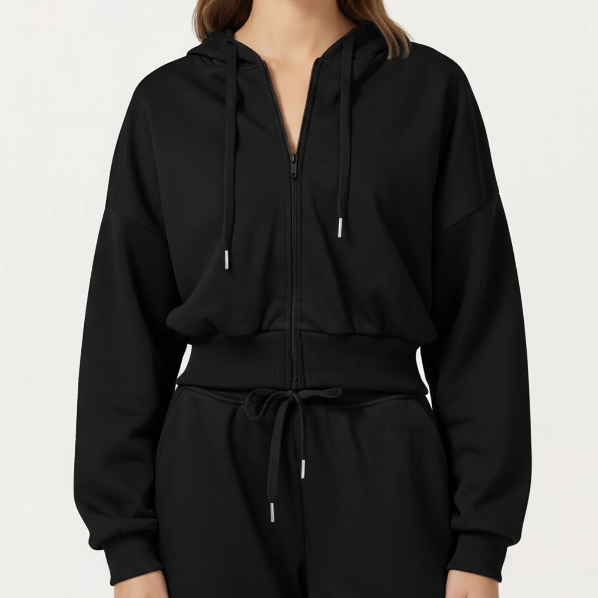 Anna-Kaci Women's Cropped Zip-Up Hoodie with Drawstring Hood and Long Sleeves