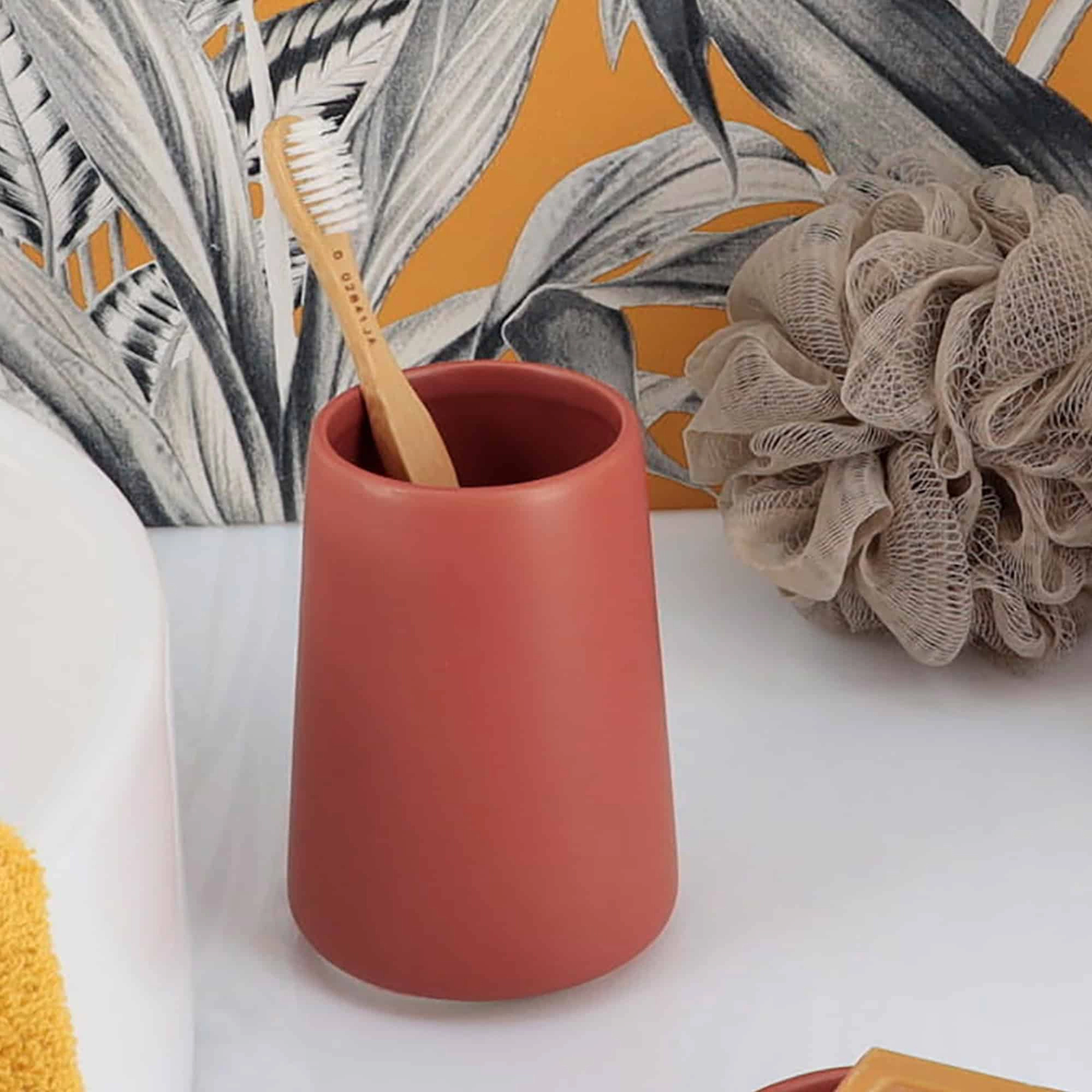 Evideco French Home Goods 14 oz Terracotta Stoneware Tumbler - Matte Toothbrush Holder, Glazed Interior