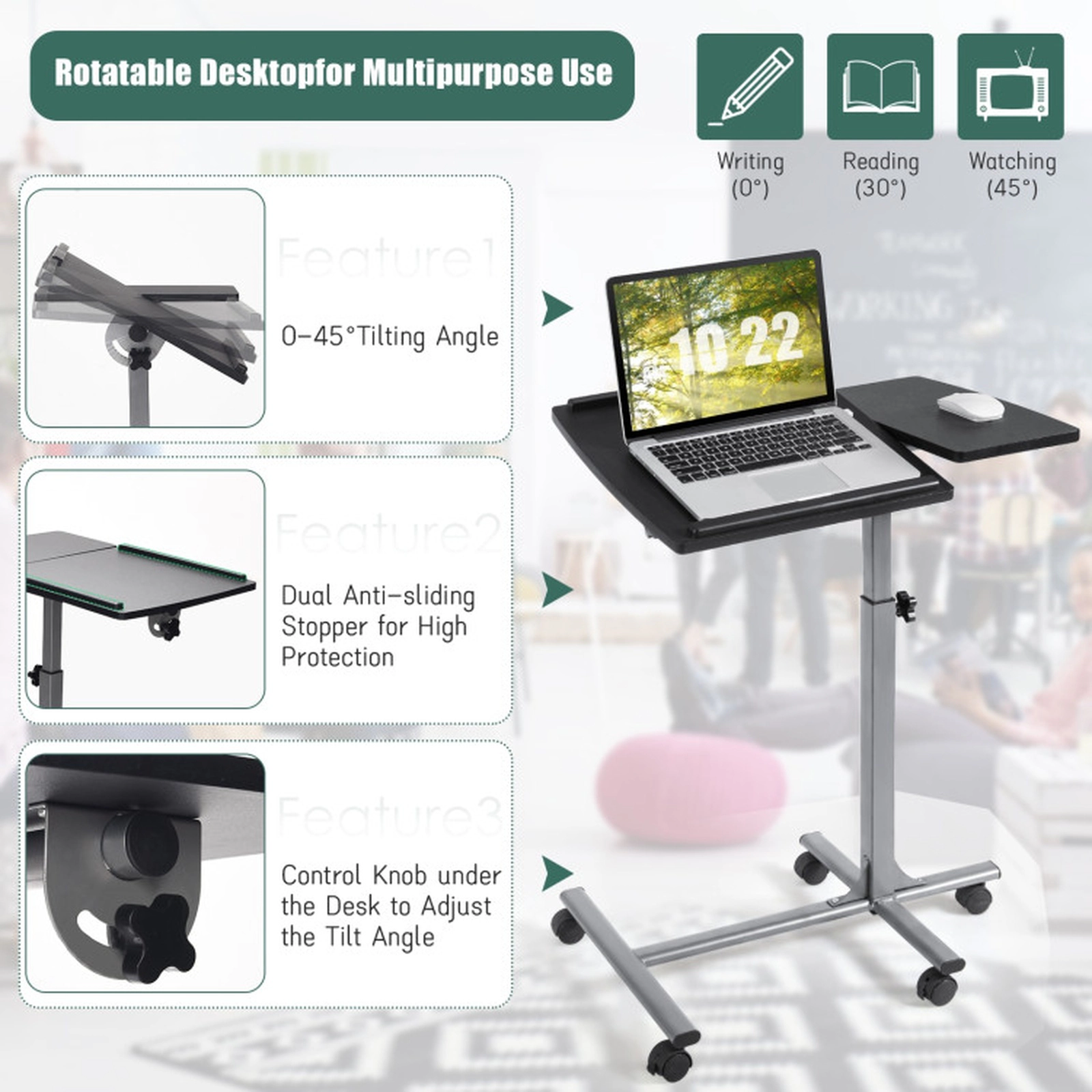 SUGIFT Adjustable Angle Height Rolling Laptop Lap Desk with Tilt Top 24.5-36-in Height Black