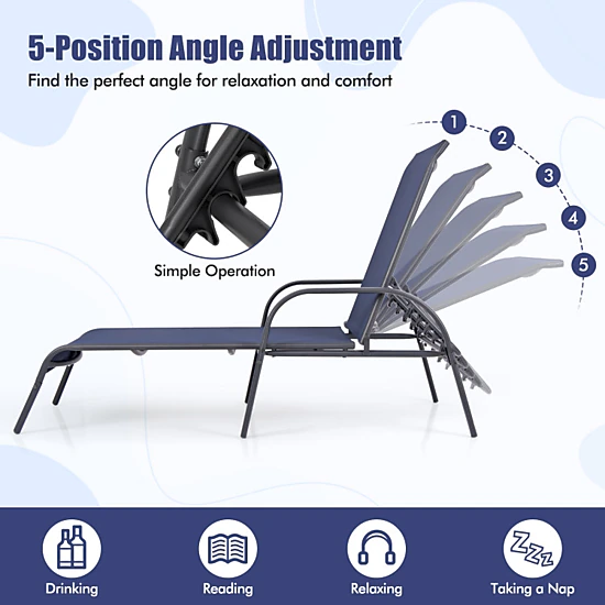 Hivvago 2 Pcs Outdoor Patio Lounge Chair Chaise Fabric With Adjustable Reclining Armrest-Navy