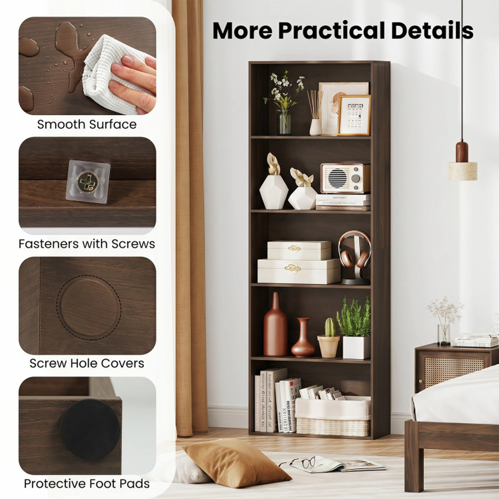 SUGIFT 5-Tier Freestanding Open Bookcase Bookshelf with 24-in Frame 45-lb Per Shelf Storage Organizer Dark Walnut