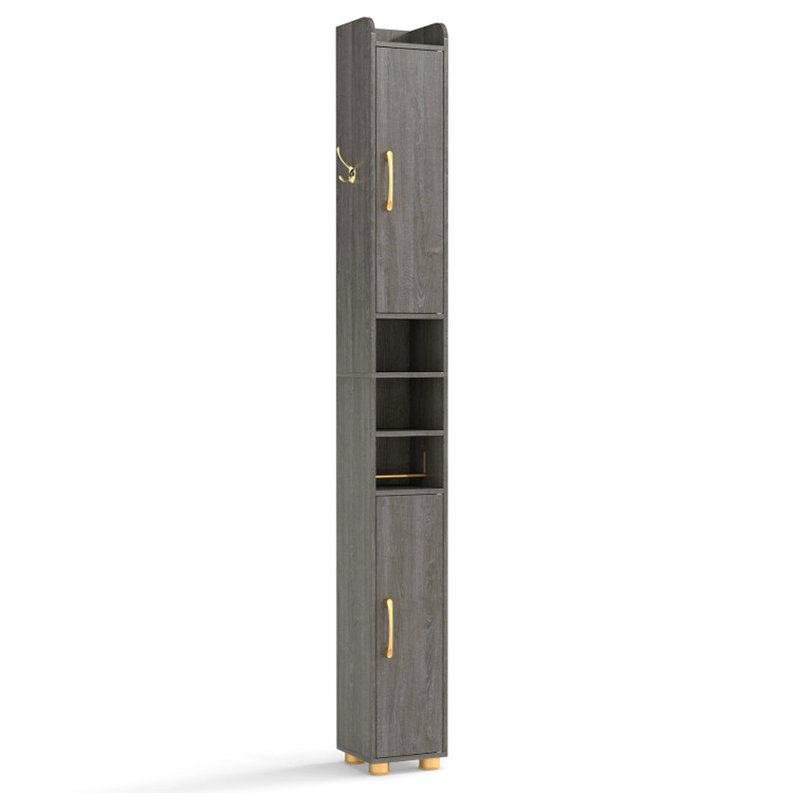 SUGIFT Narrow Bathroom Storage Cabinet with Open Shelves and Toilet Paper Holder 11-lb Shelves 4.5-lb Hook Gray