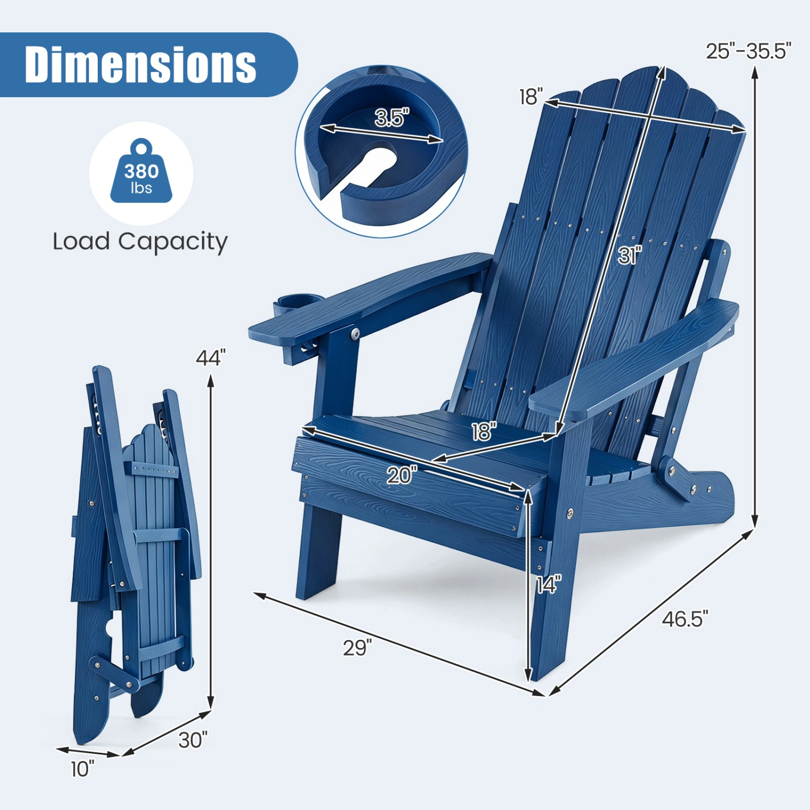 SUGIFT Outdoor Folding Adirondack Chair with 5-Position Backrest and Swivel Cup Holder 330-lb Capacity Navy
