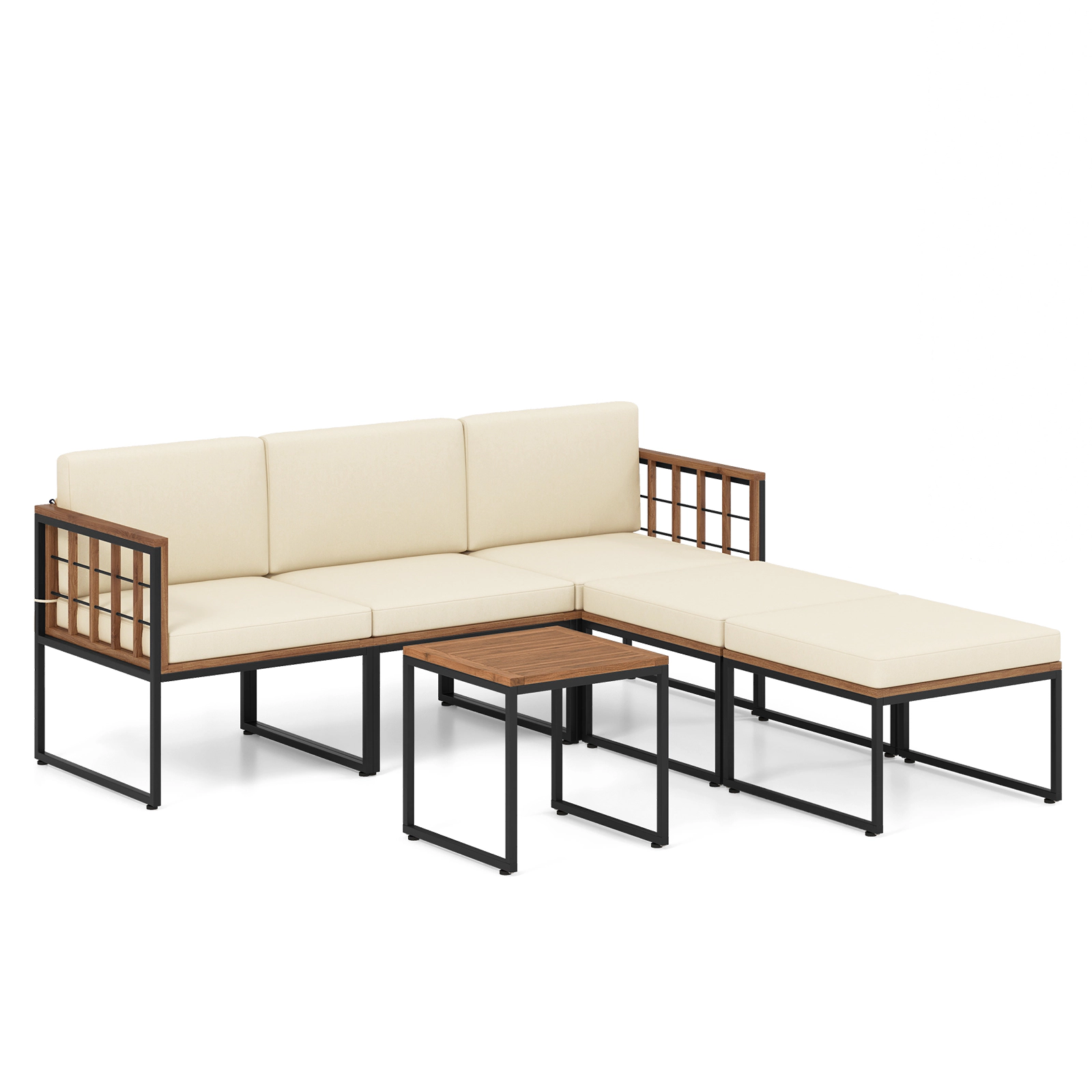 LJG 6 Pieces Acacia Wood Patio Furniture Set with Coffee Table and Ottomans