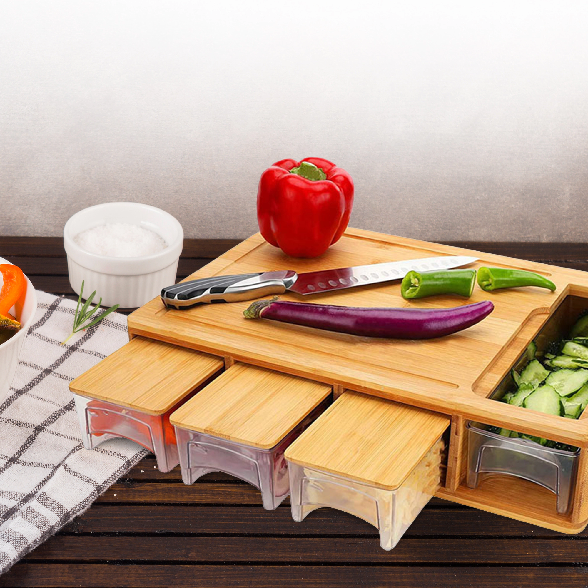 Cheer Collection Bamboo Cutting Board with 4 Graters, 4 Prep Trays with Lids and Juice Groove