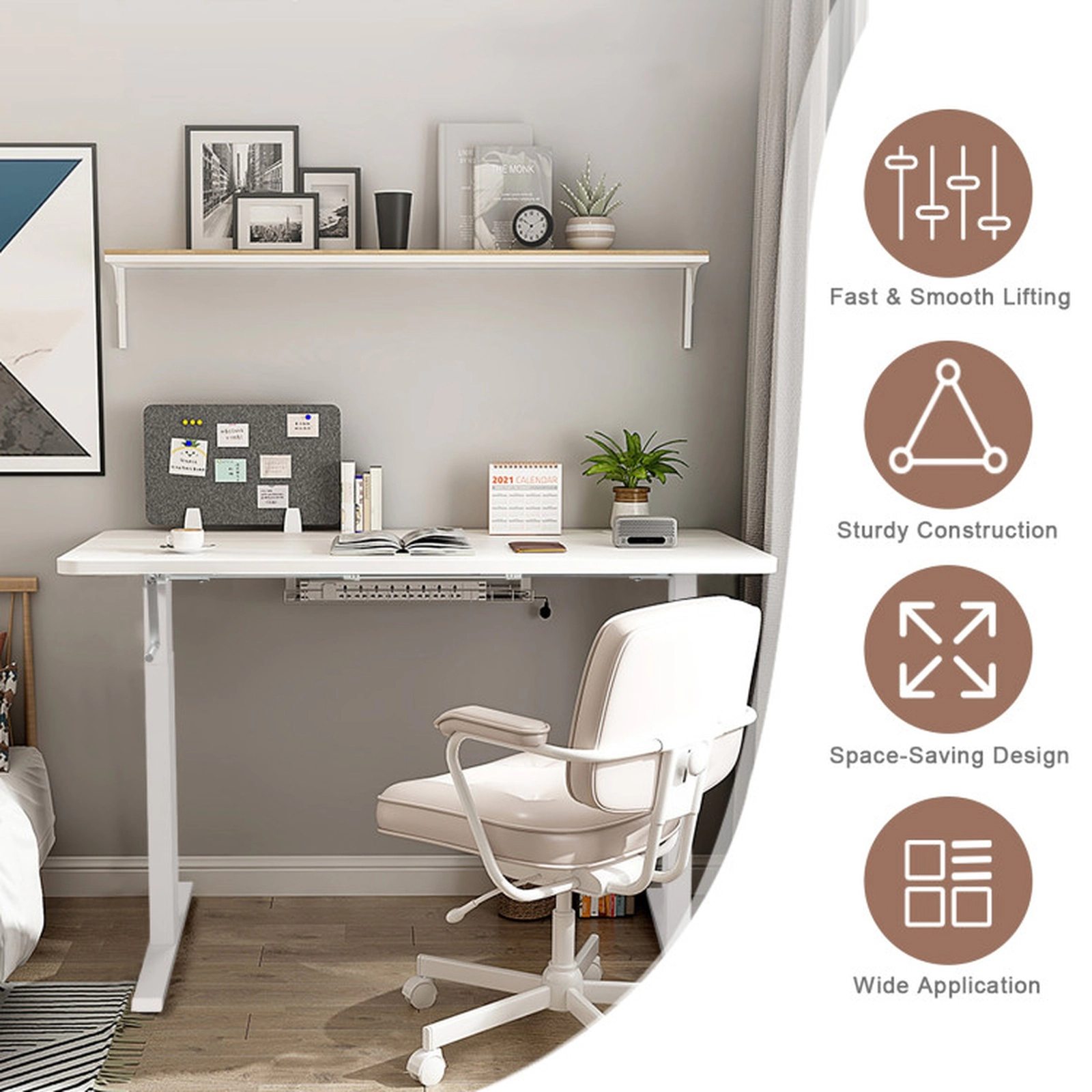 SUGIFT White Steel Hand Crank Sit-Stand Desk Frame, Adjustable Height, Tabletop Not Included