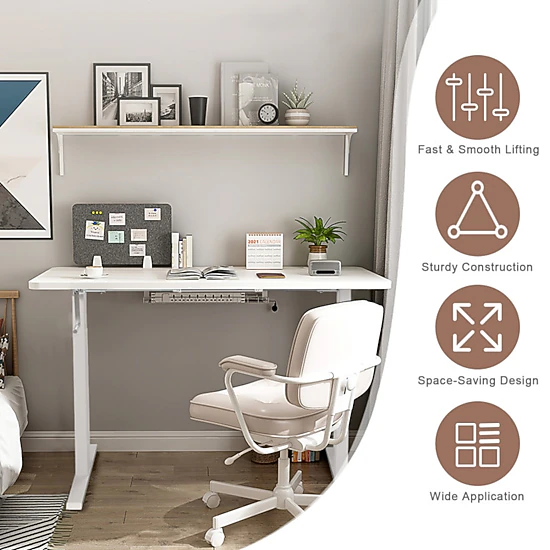 SUGIFT White Steel Hand Crank Sit-Stand Desk Frame, Adjustable Height, Tabletop Not Included