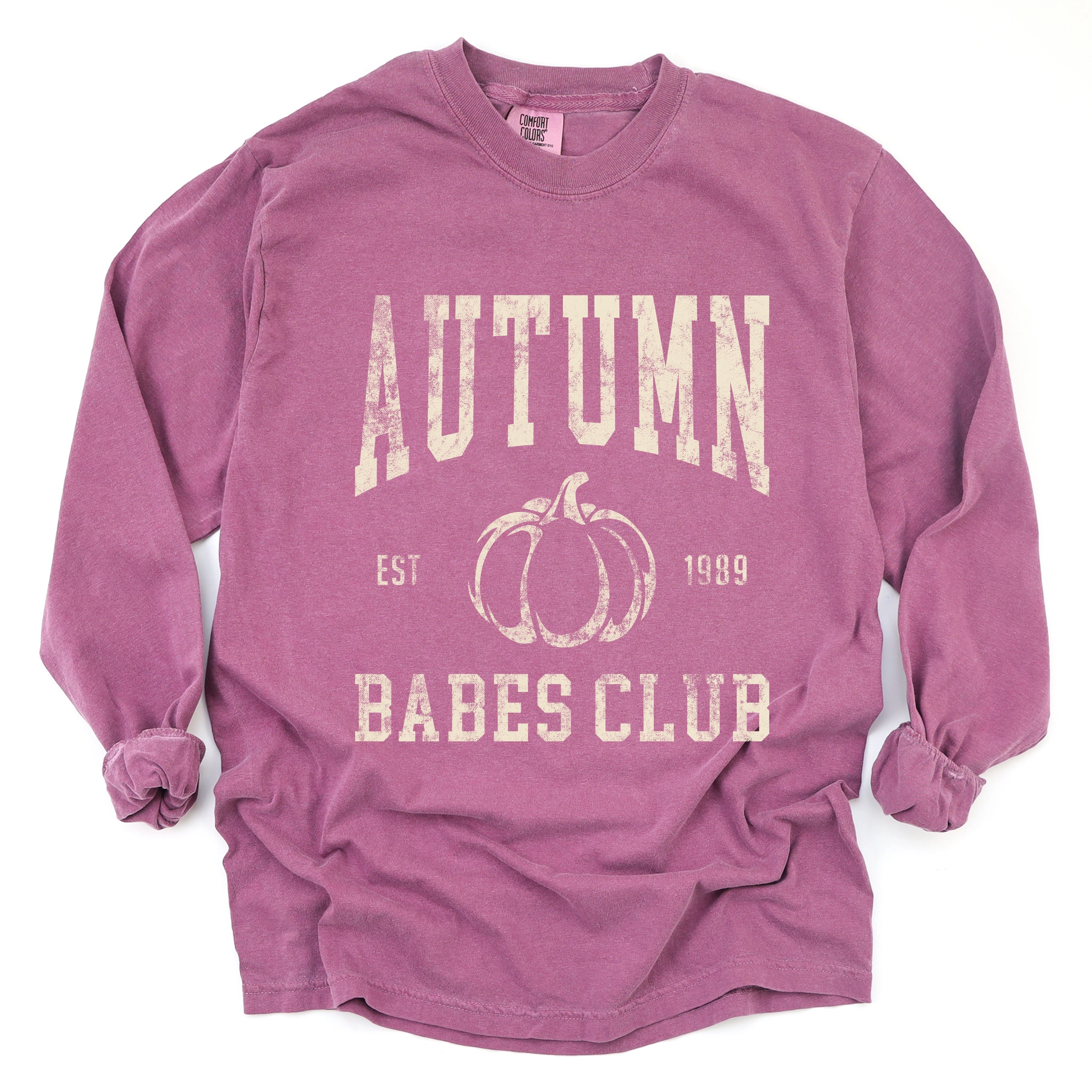 Simply Sage Market - Women's Garment Dyed Long Sleeve Graphic T-Shirt Autumn Babes Club Pumpkin