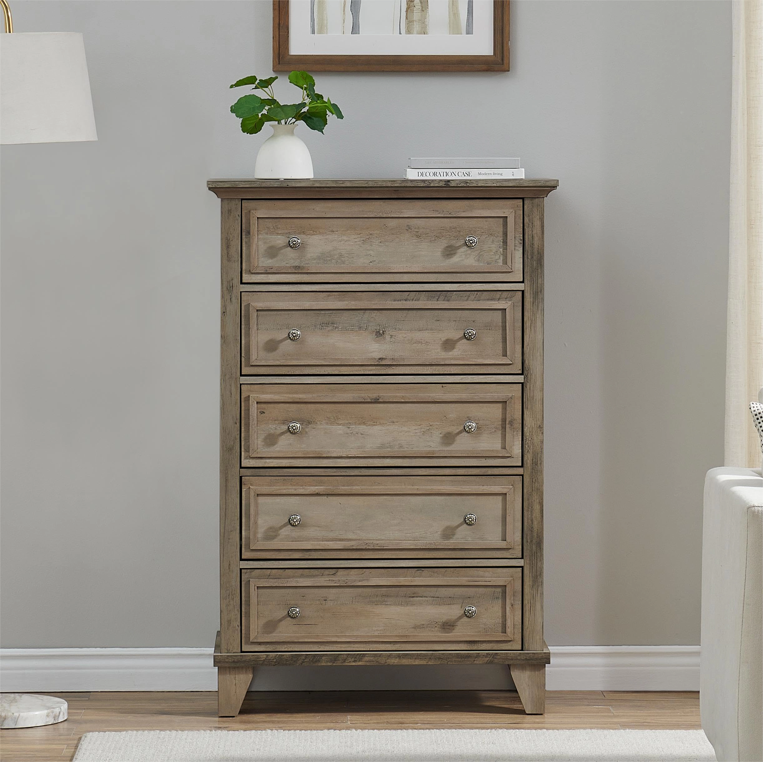 5 Drawer Modern Wood Dresser with Metal Handles, 48" Tall Storage Chest for Bedroom Entryway Hallway