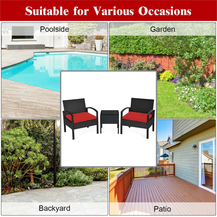 Hivvago 3 Pieces Outdoor Rattan Patio Conversation Set With Seat Cushions
