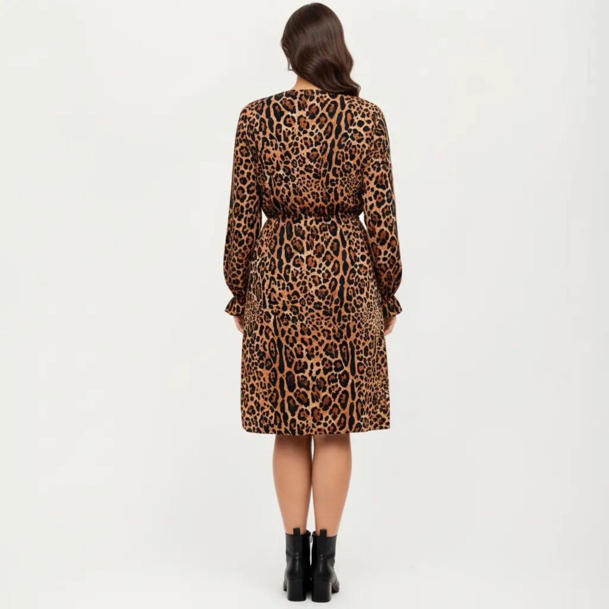 Anna-Kaci Women's Long Sleeve Leopard Print V Neck Elastic Waist Flowy A Line Fit Casual Midi Dress