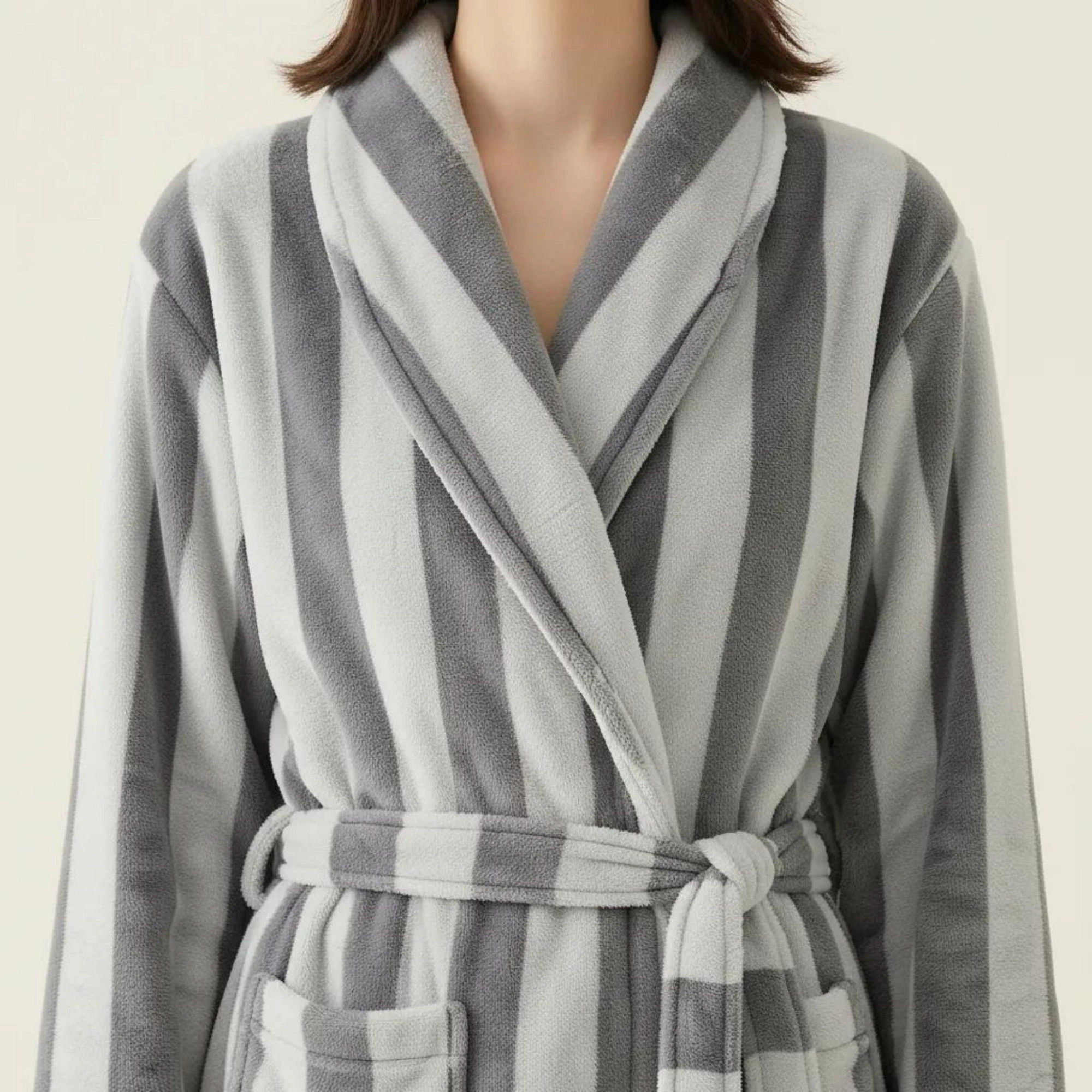 Anna-Kaci Women's Striped Plush Long Robe with Shawl Collar Tie Waist Belt Soft Textured Full Length Bathrobe