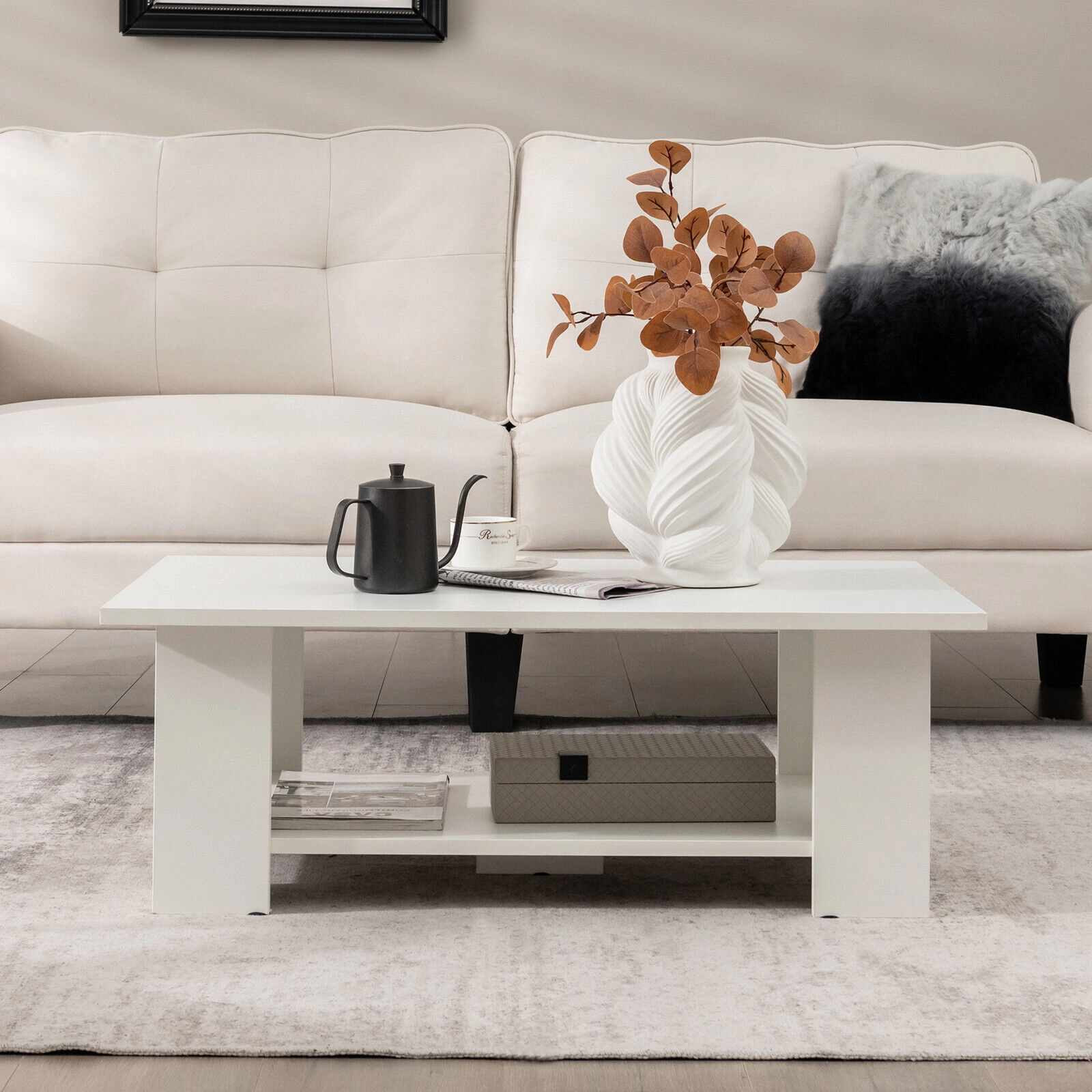SUGIFT 2-Tier Low Profile Open Shelf Engineered Wood Coffee Table 41-in x 20.5-in x 12.5-in 210-lb Capacity White