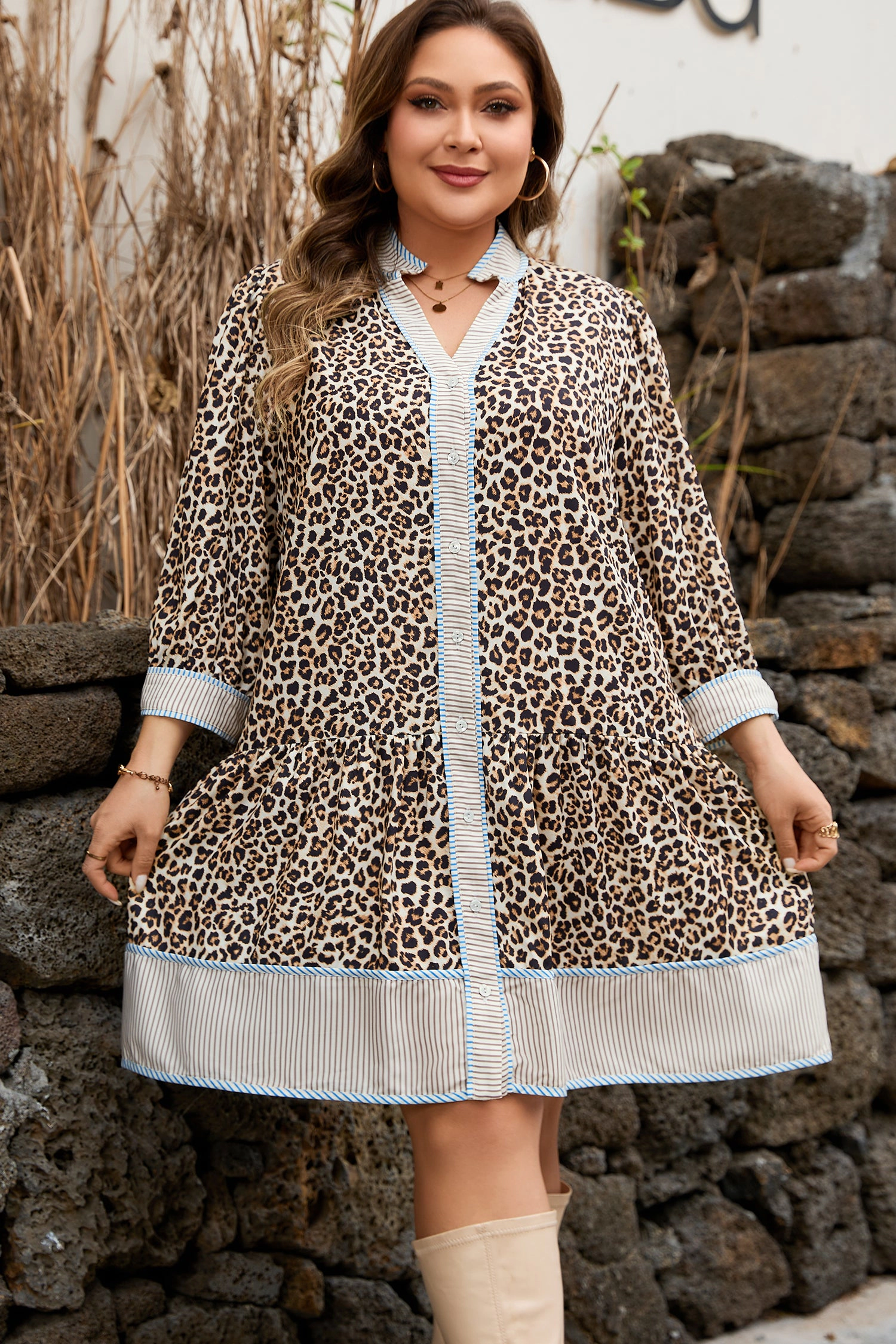 Threaded Pear Women's Davina Long Sleeve Mini PLUS Dress