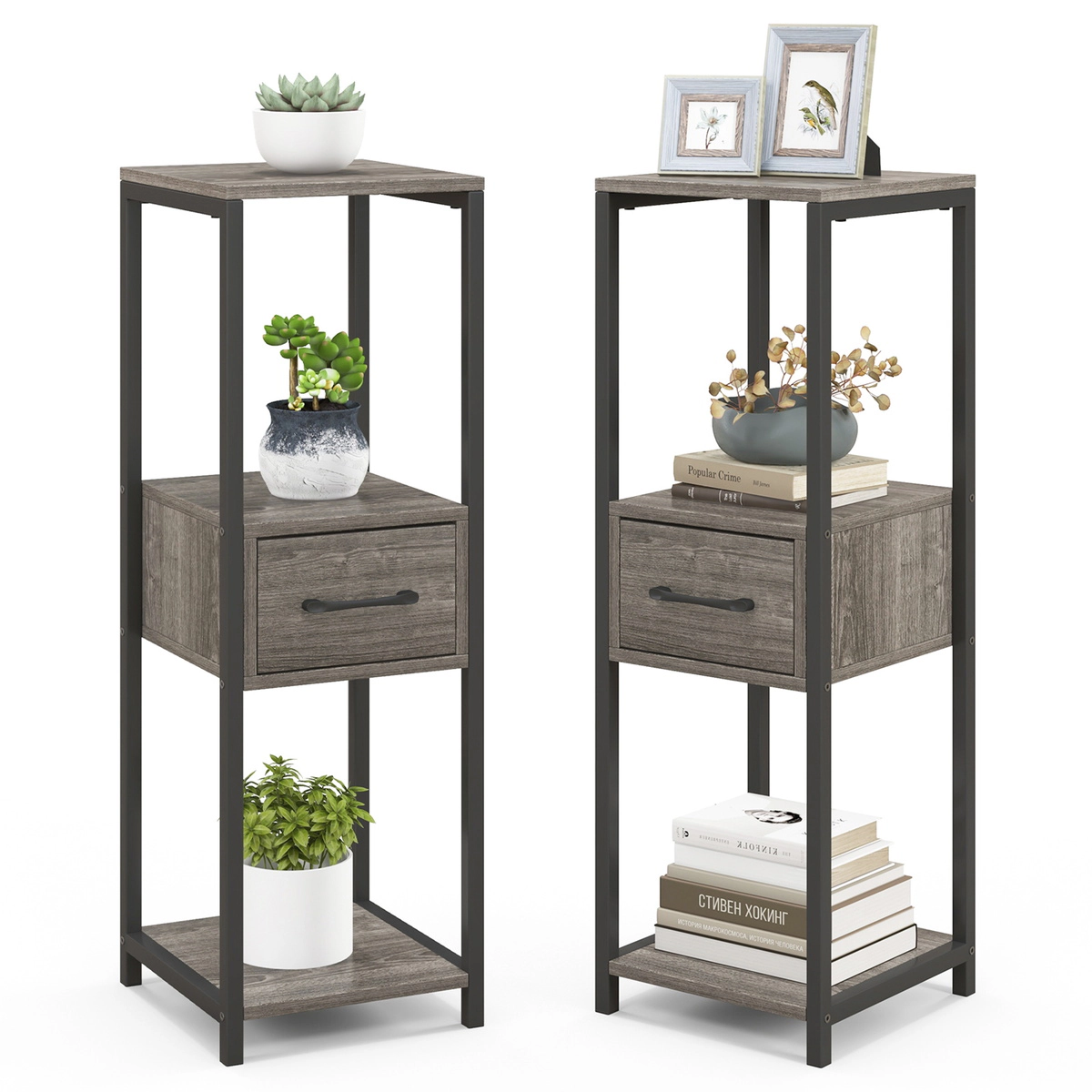 SUGIFT Set of 2 3-Tier 36-in Tall Metal Plant Stand with Drawer and Corner Display Shelf for Indoor Plants