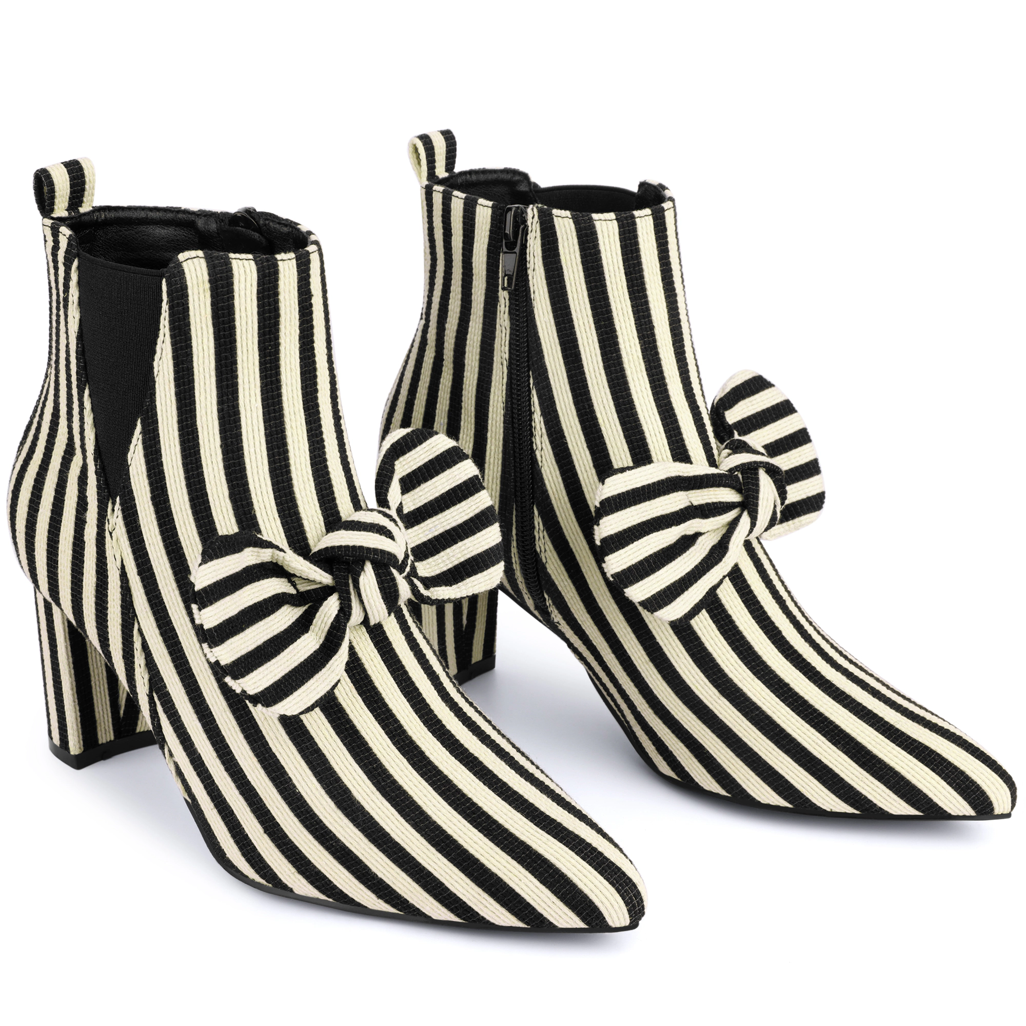 BLISSFUL STEP Women's Bow Stripe Pointed Toe Chunky Heels Ankle Boots