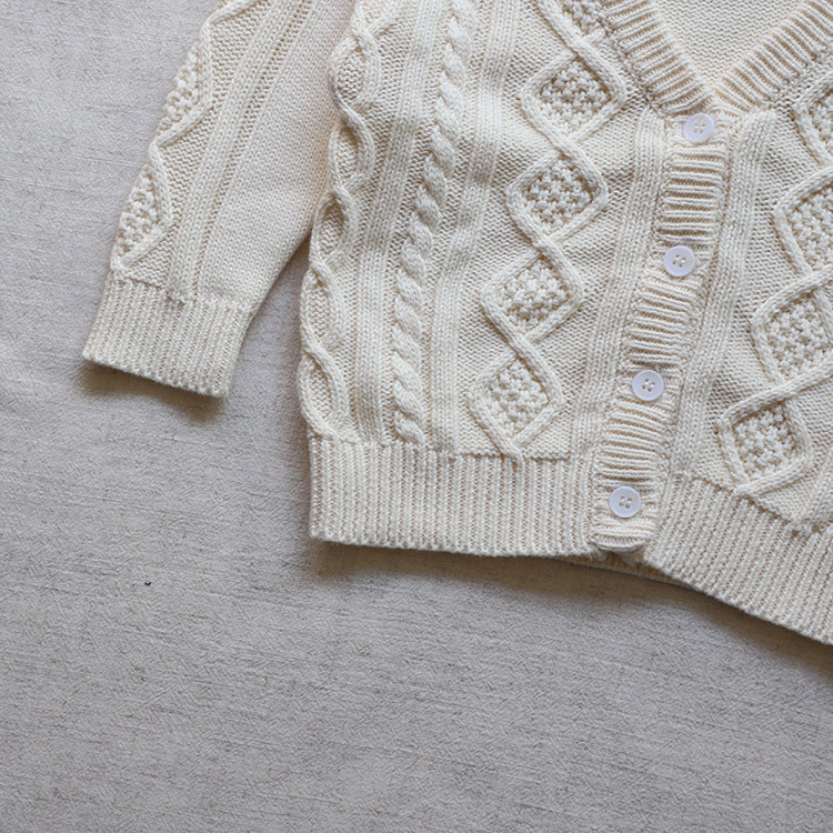 MyKids-USA Baby Crochet Kint Pattern Solid Color V-Neck Single Breasted Cardigan