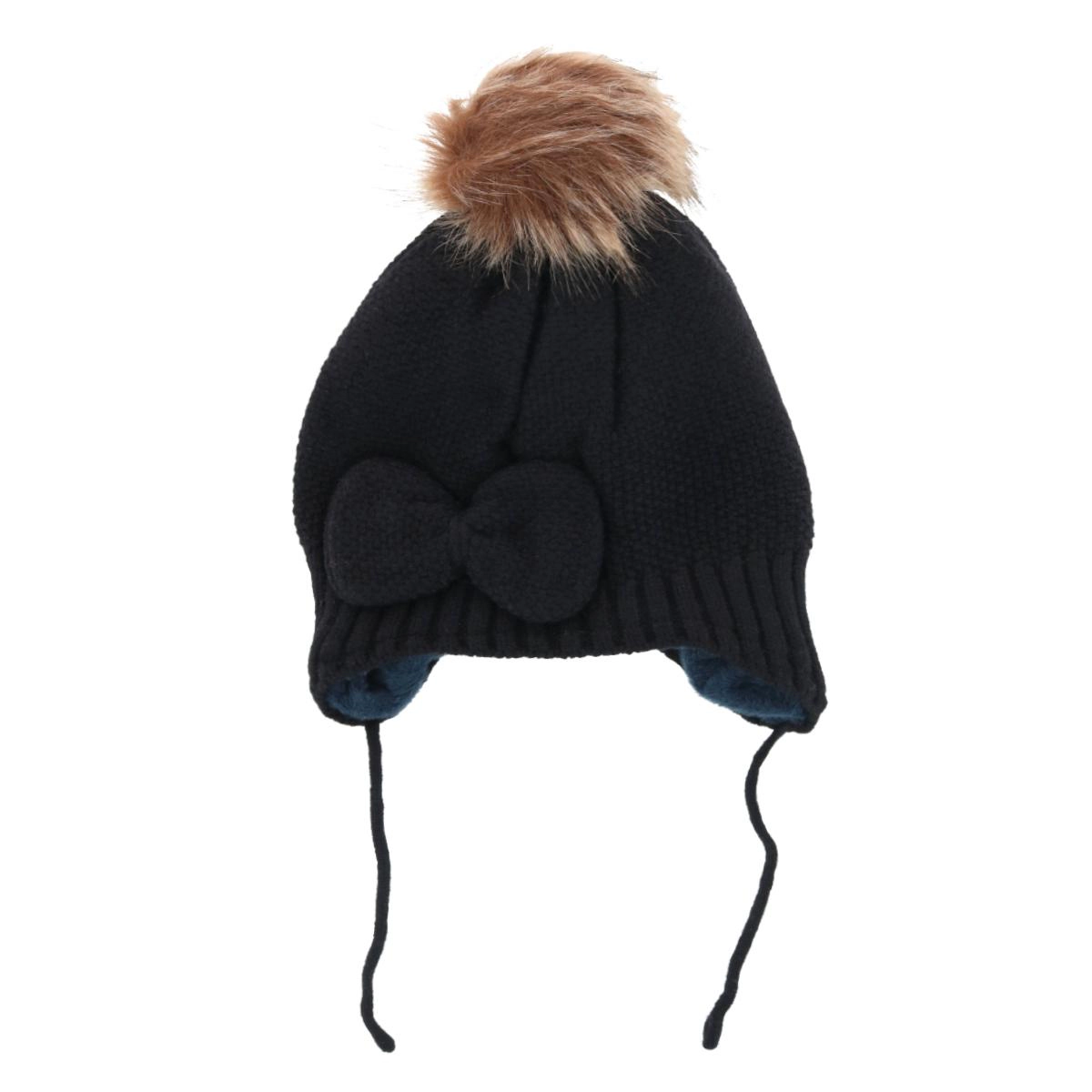 CTM Girl's One Fits Most Knit Winter Beanie with Pom Bow and Ear Flaps