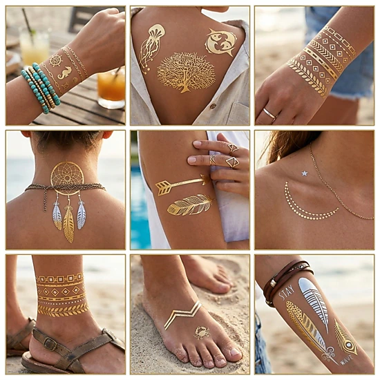Wrapables Celebrity Inspired Temporary Tattoos in Metallic Gold Silver and Black, Chains and Charms, Large
