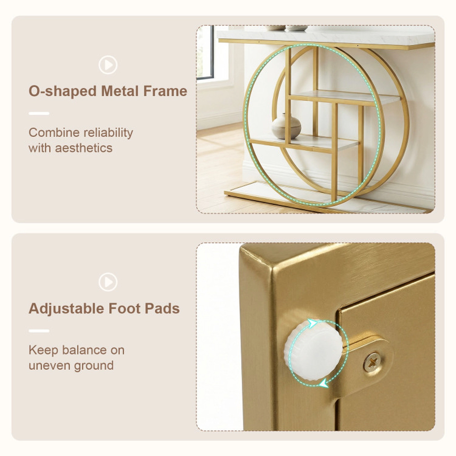 SUGIFT 4-Tier Faux Marble Top Gold O-Shaped Frame Entryway Console Table 41-in x 12-in x 31-in 110-lb Capacity White