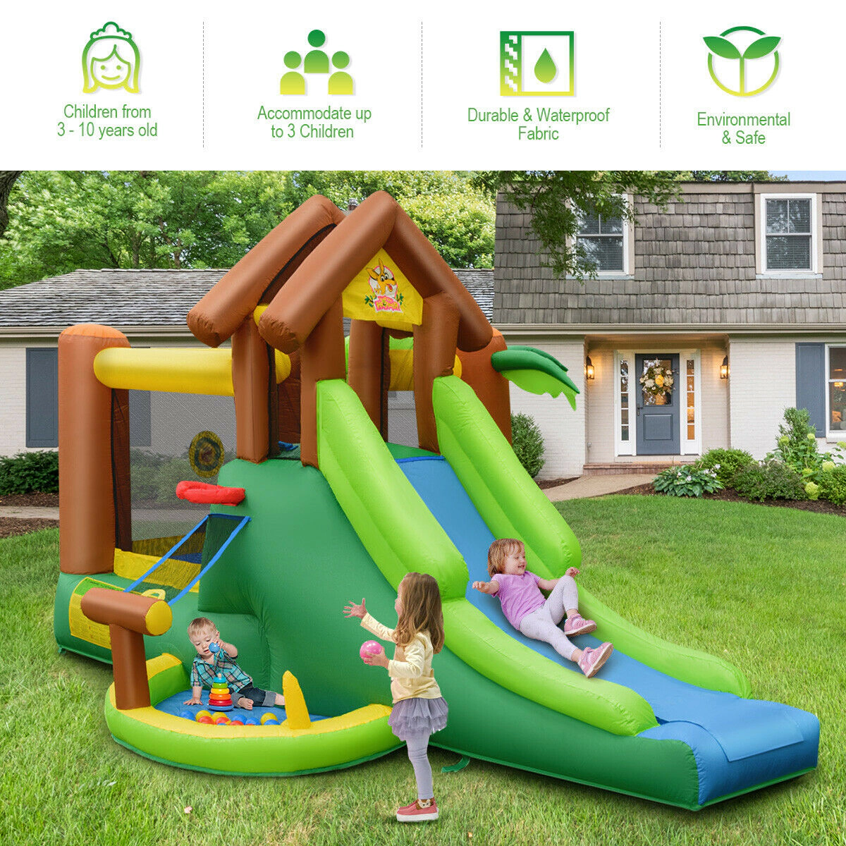 SUGIFT Kids Inflatable Jungle Bounce House Castle with 735W Blower 300-lb Capacity Ages 3-10 As Picture Shows