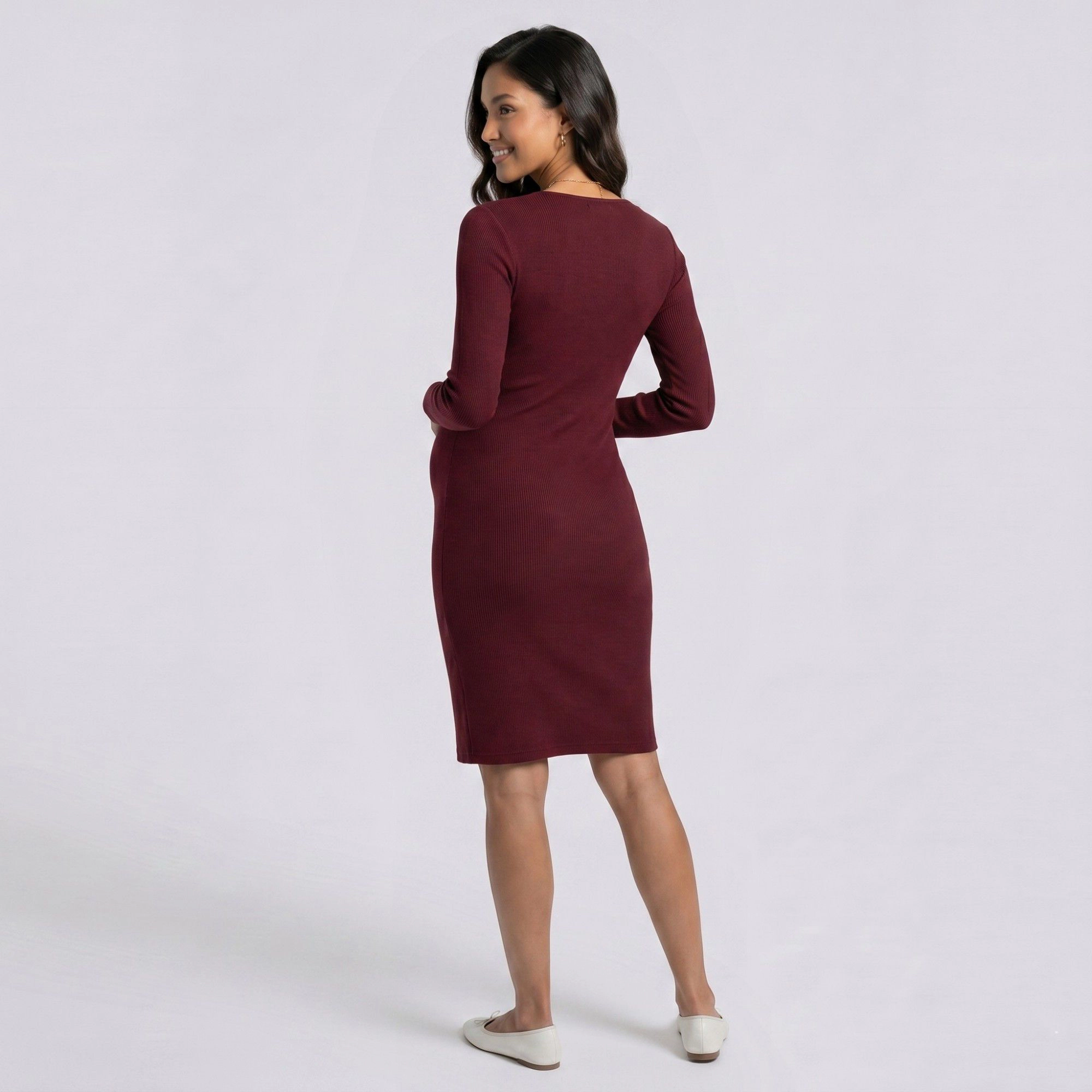 Anna-Kaci Women's Maternity Ribbed Long Sleeve Bodycon Dress with Front Twist Detail