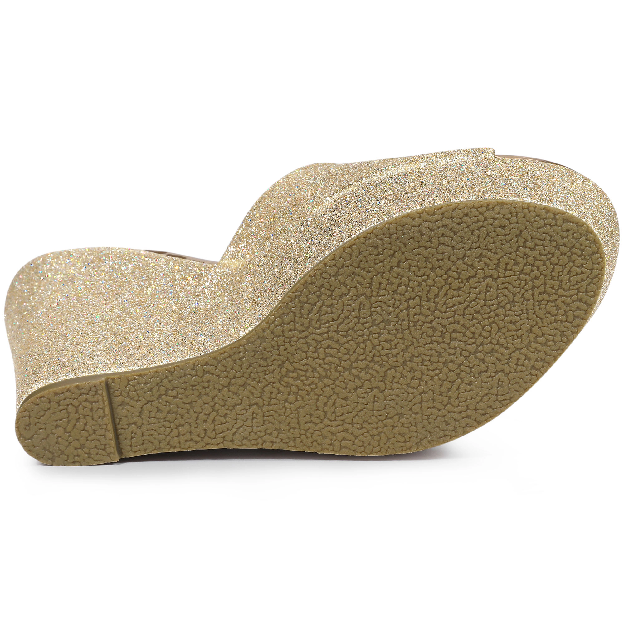 BLISSFUL STEP Women's Glitter Platform Slip on Wedge Heels Sandals