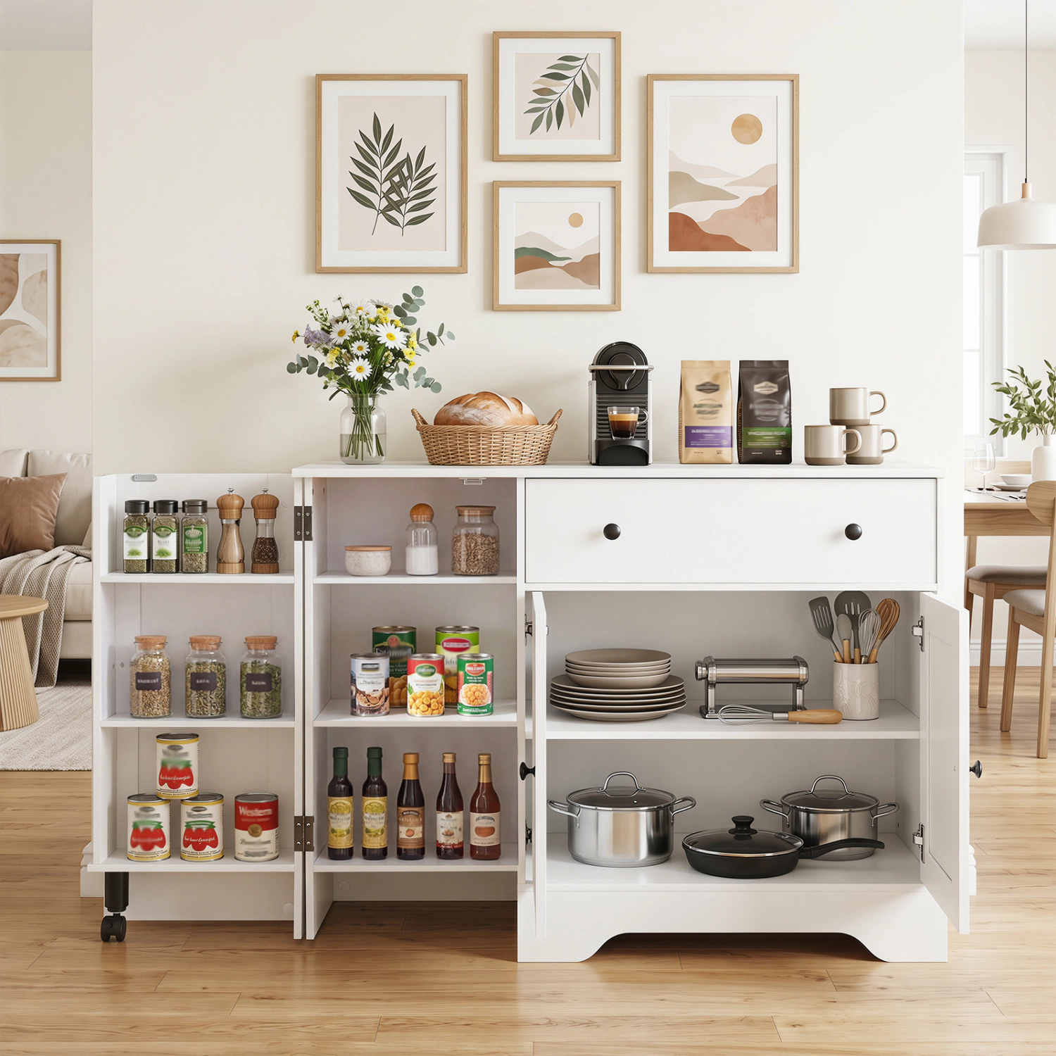 LJG 41.5" Modern Coffee Bar Cabinet with 3 Doors and Rolling Wheel