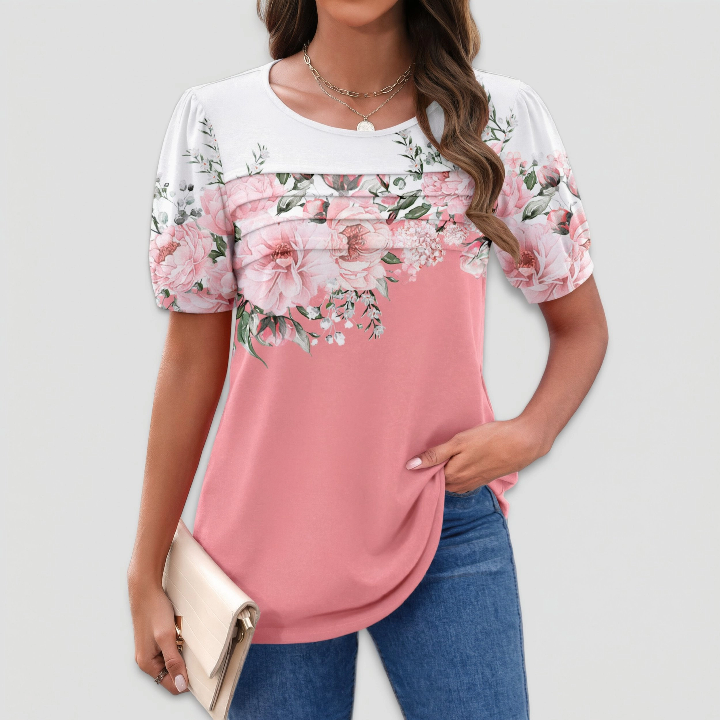 Zeagoo Women Puff Sleeve Crew Neck Tunic Blouse