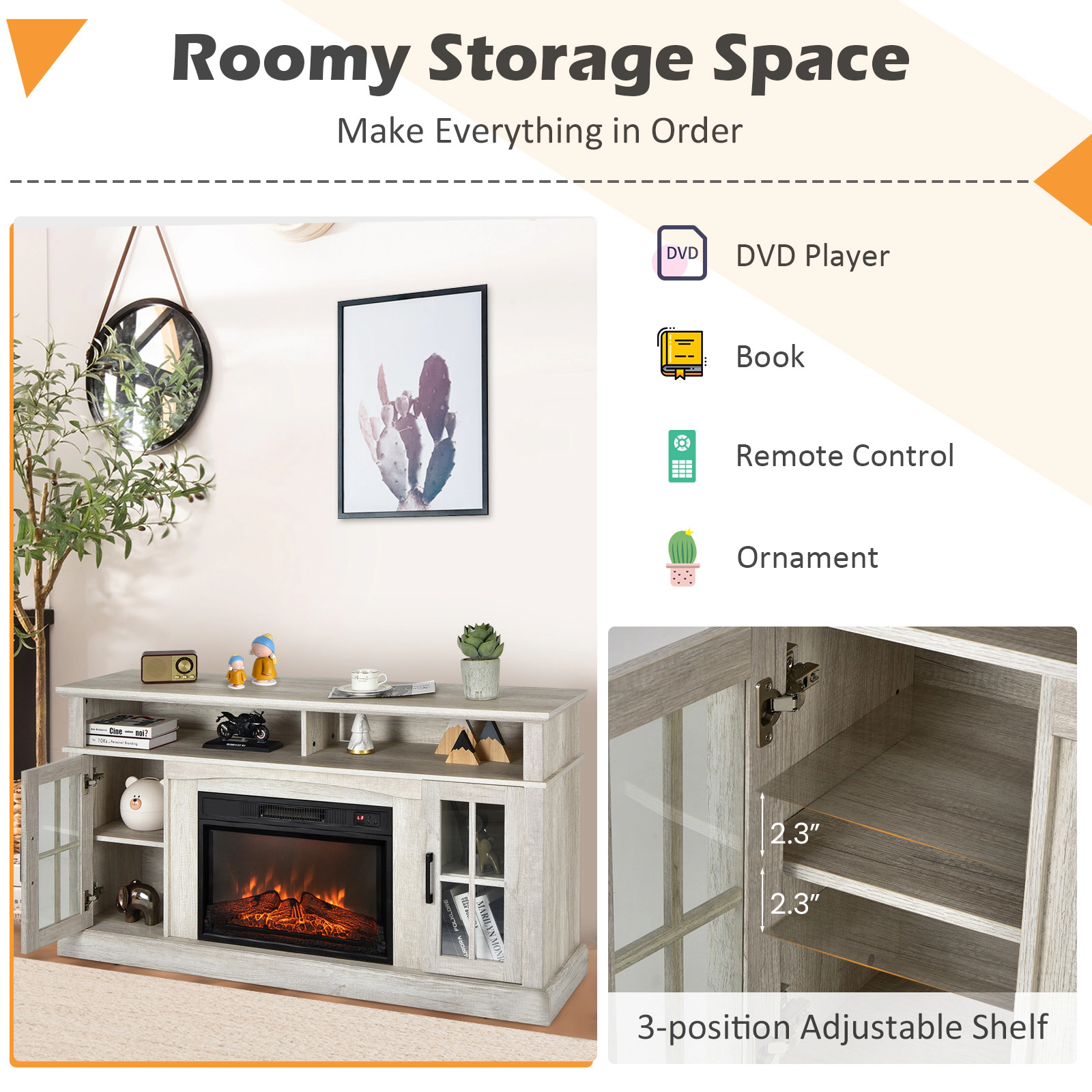 LJG Fireplace TV Stand for TVs up to 65 Inch with Side Cabinets and Remote Control