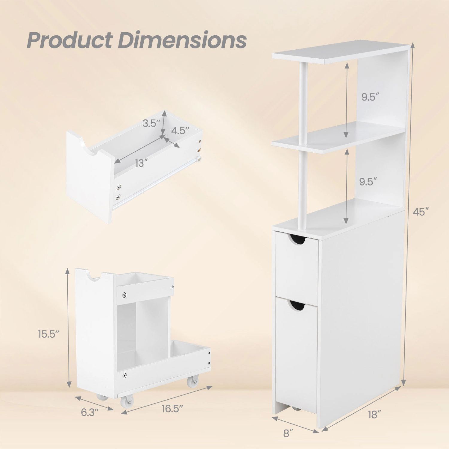Slickblue Slim Bathroom Storage Cabinet White MDF Drawer Rolling Cart Open Shelves