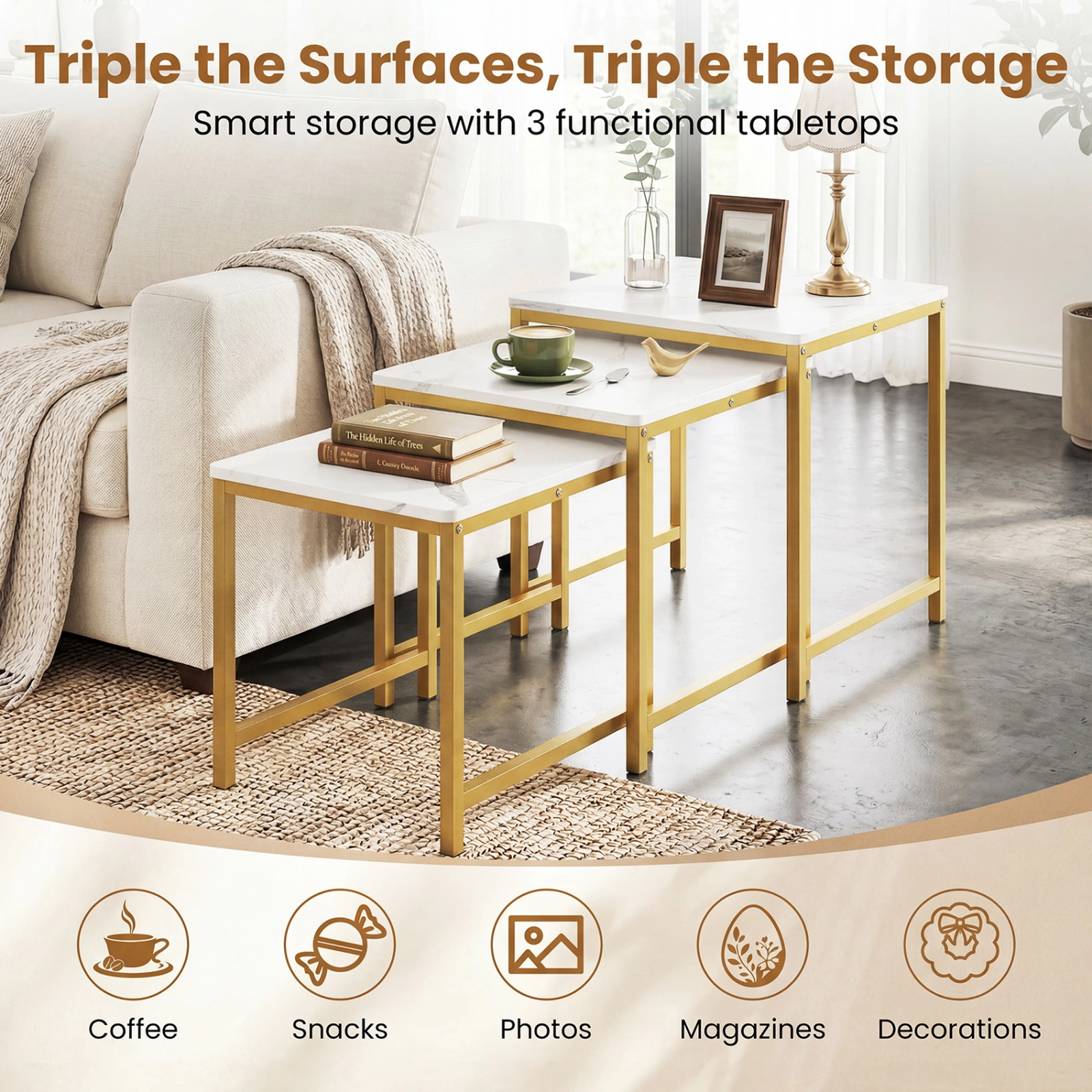 SUGIFT Faux Marble Nesting Accent Tables with Metal Frame Set of 3 90-lb Capacity White & Golden