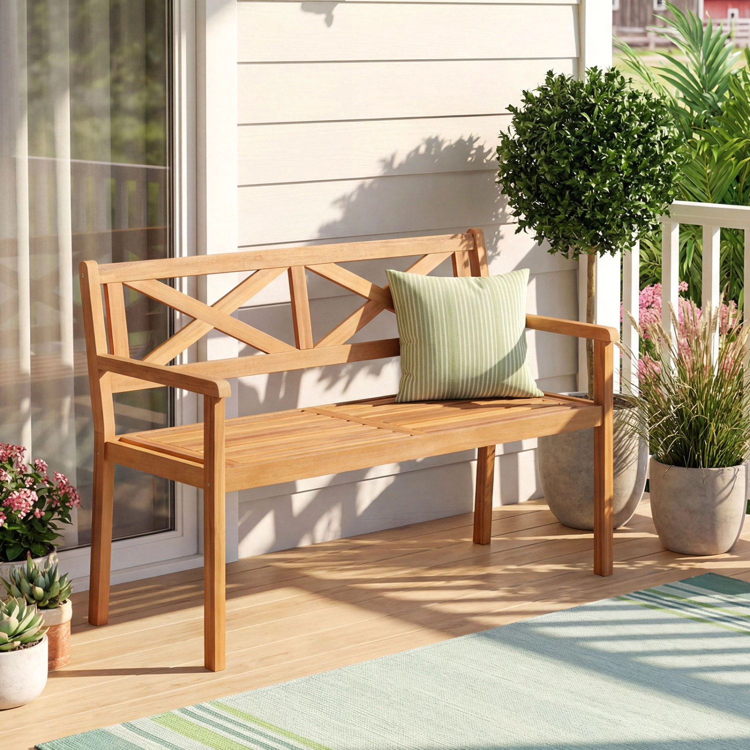 LJG 2-Person Patio Acacia Wood Garden Chair with Armrests and Backrest for Backyard