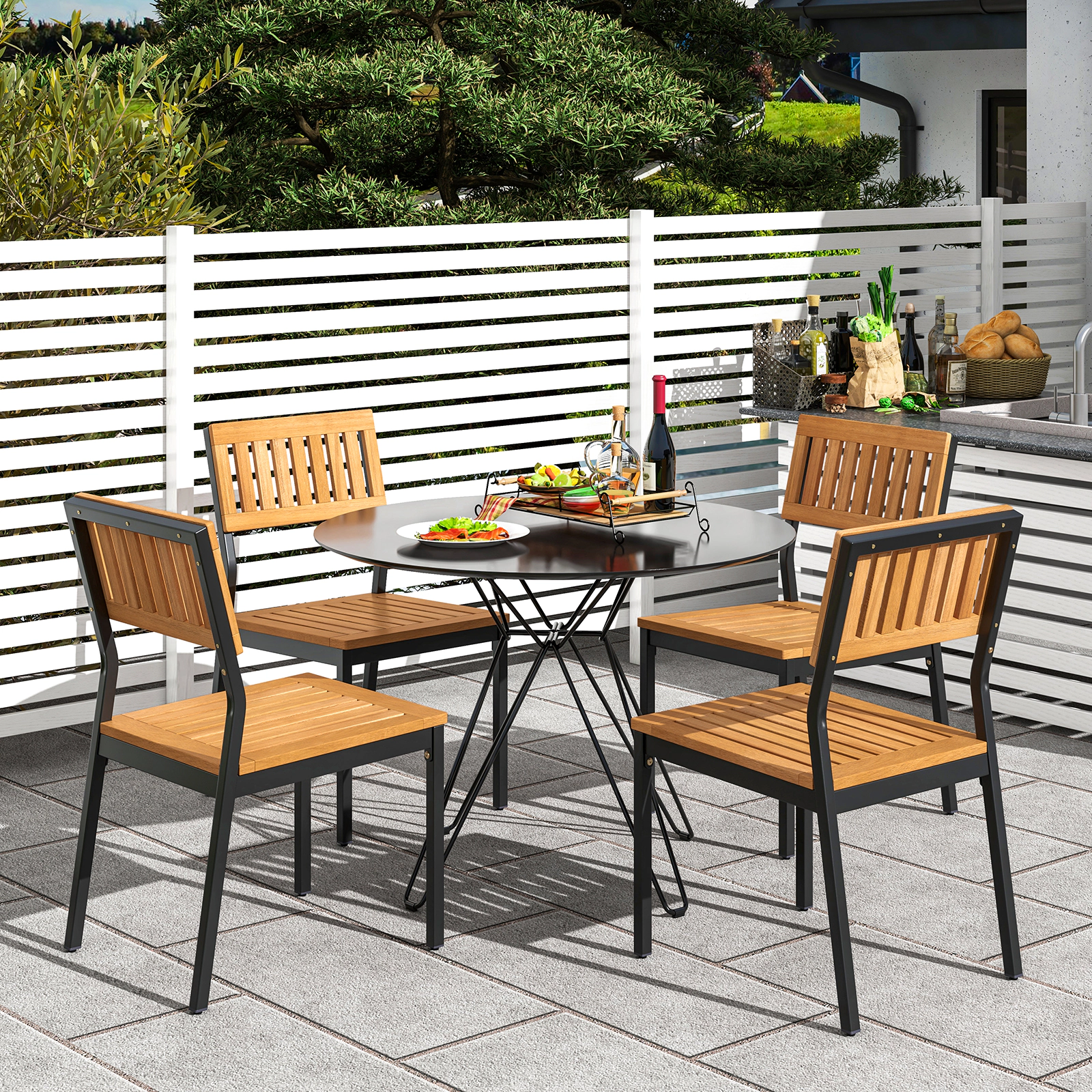 LJG Patio Dining Chair Set of 2 with Metal and Acacia Wood Frame
