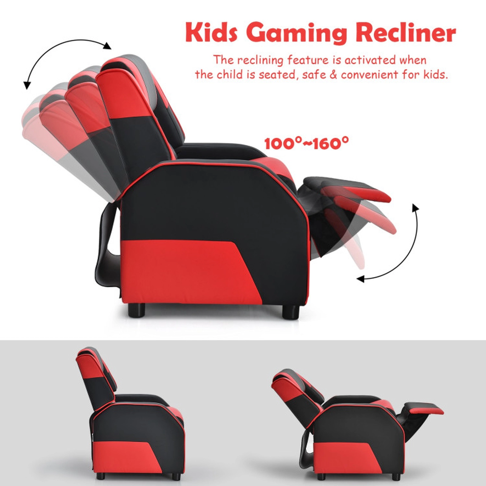 SUGIFT Kids Racing PU Leather Headrest Footrest Gaming Recliner 24-in x 27.5-in x 32-in 165-lb Capacity Ages 3+ Red