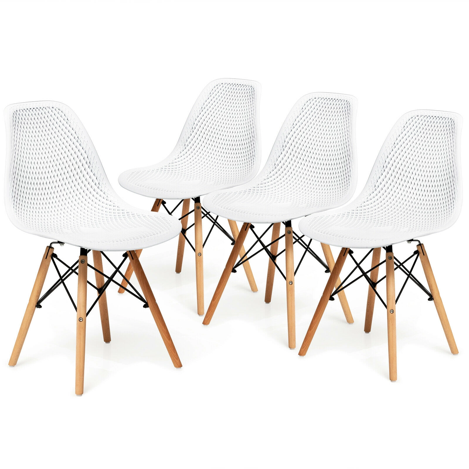 SUGIFT Set of 4 White Modern Plastic Dining Chairs with Mesh Backs and Beech Wood Legs