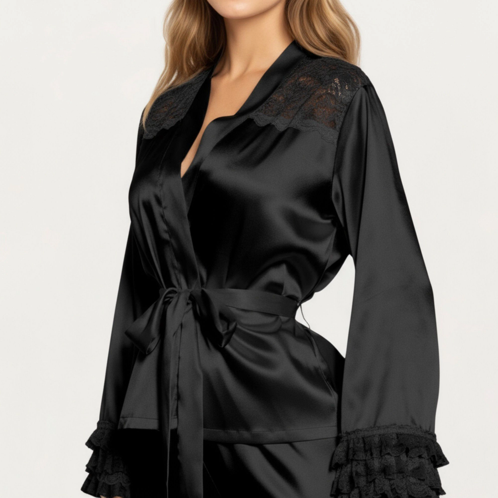 Anna-Kaci Women's 2-Piece Satin Lace Shoulder Long Sleeve Top with Ruffle Cuff Pants