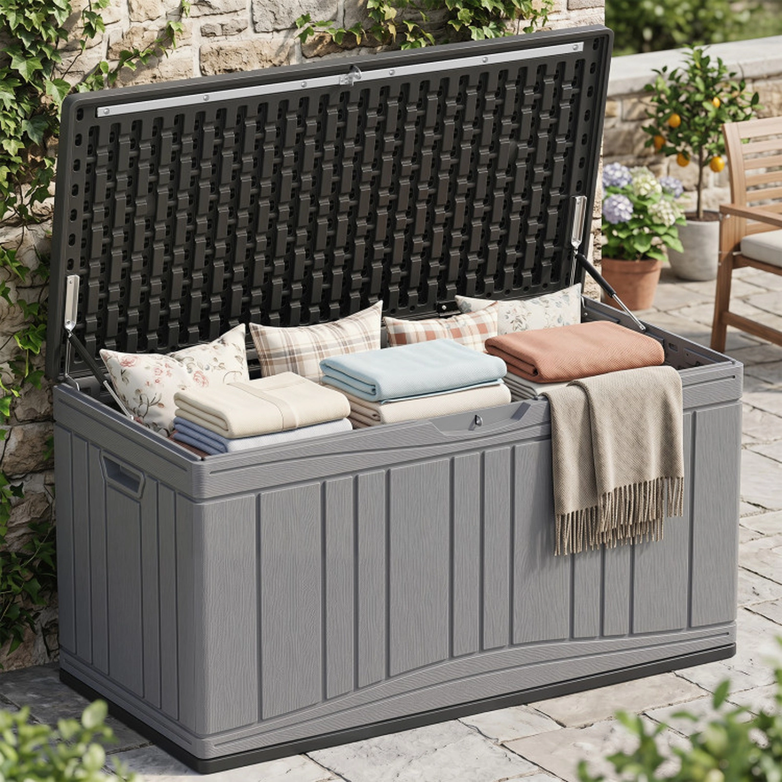 SUGIFT 80 Gallon HDPE Storage Box Deck Box with Lockable Lid 330-lb Capacity 45-in Wide Garden Tools Cushions Gray